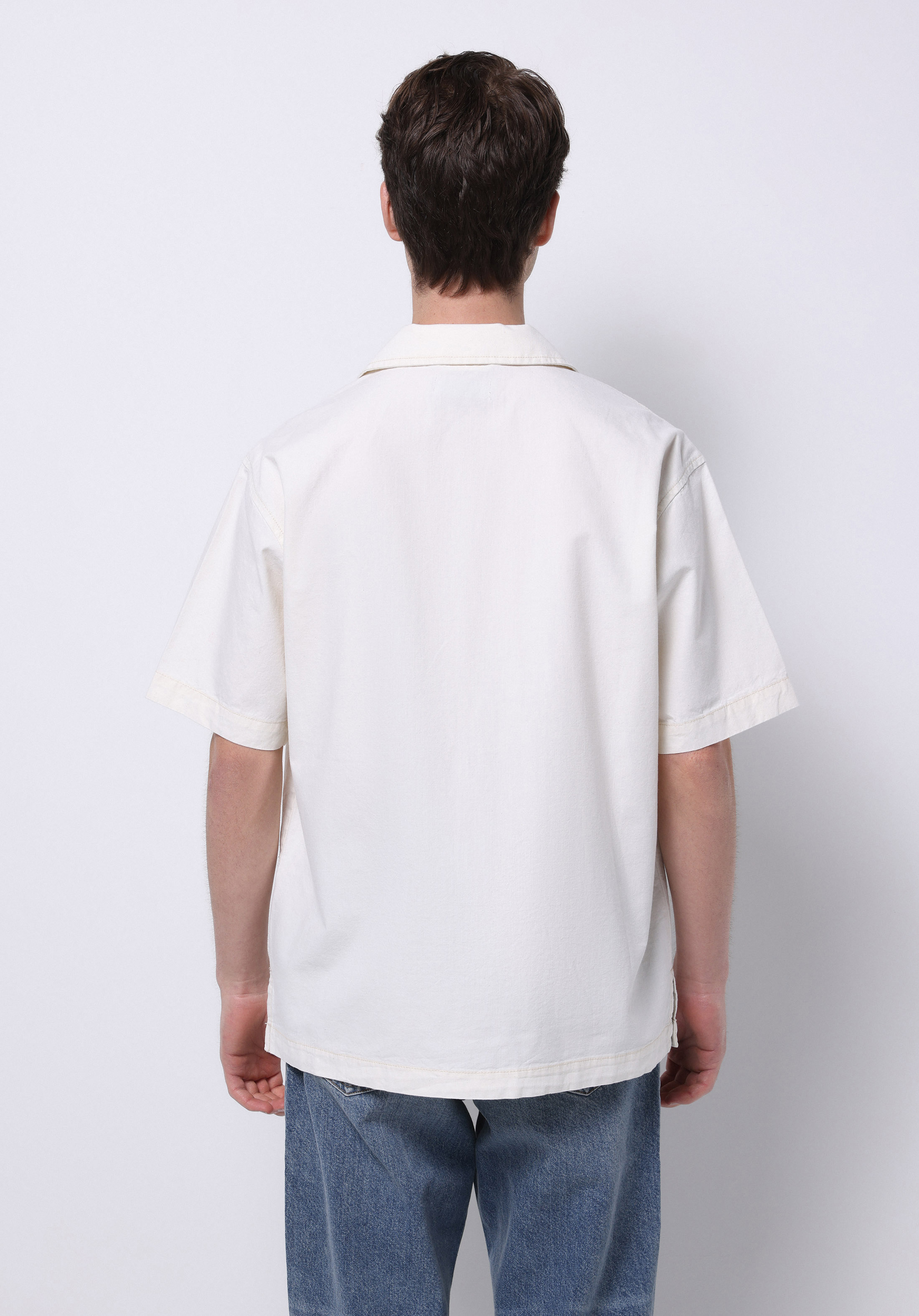 Oversize Fit Klasik Yaka Düz Erkek Bej Kısa Kol Gömlek