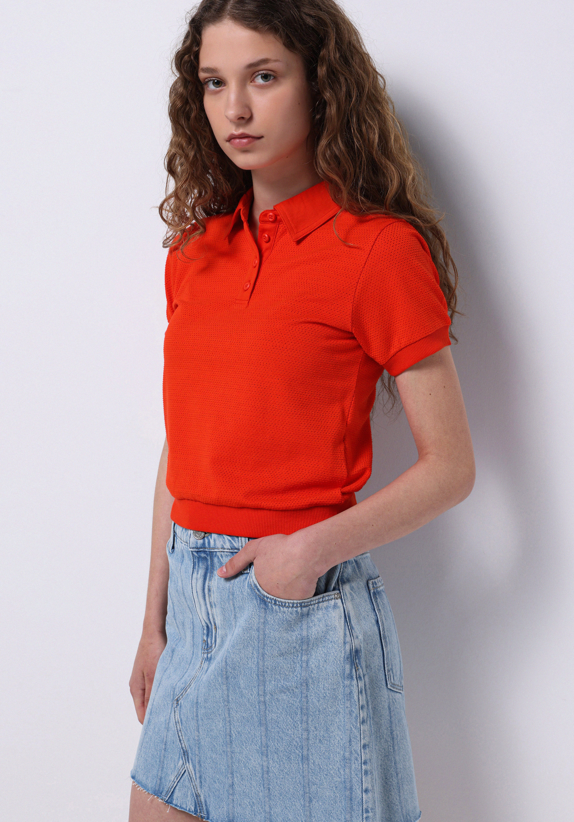 Slim Fit Polo Yaka Düz Kadın Kirmizi Kısa Kol Tişört