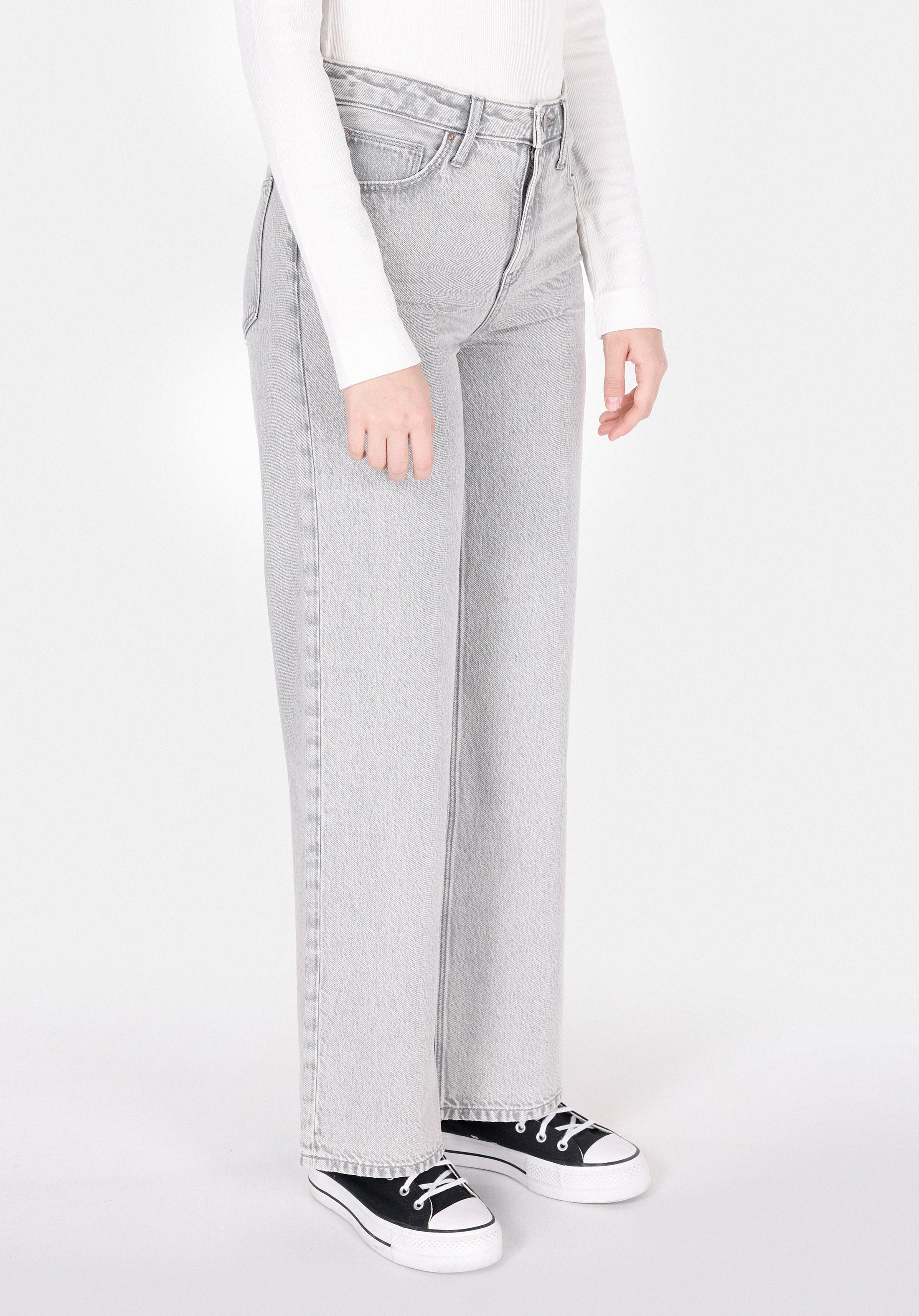 Regular Fit Yüksel Bel Geniş Paça Kadın Gri Jean Pantolon