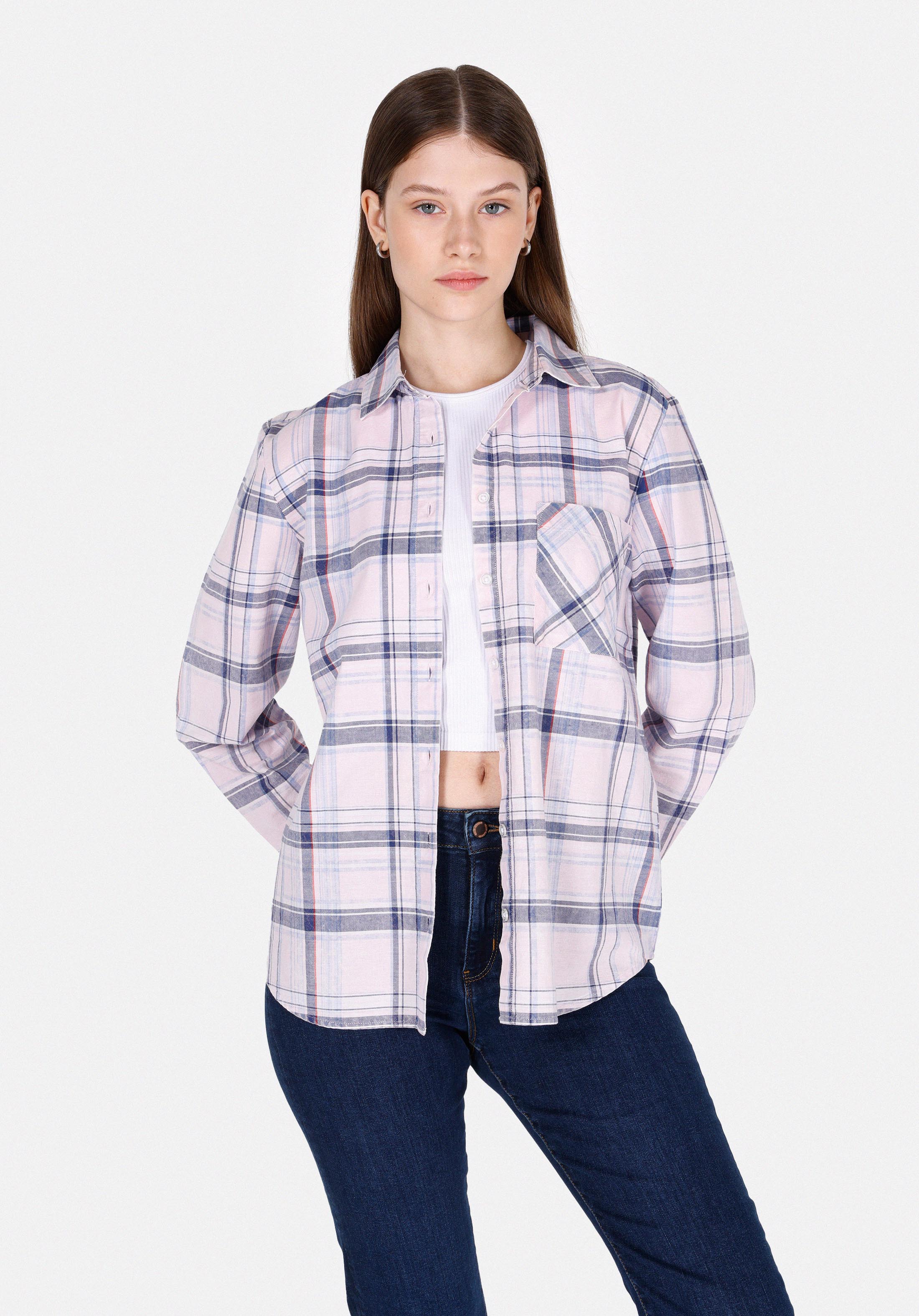 Regular Fit Shirt Neck Ekoseli Kadın Pembe Uzun Kol Gömlek