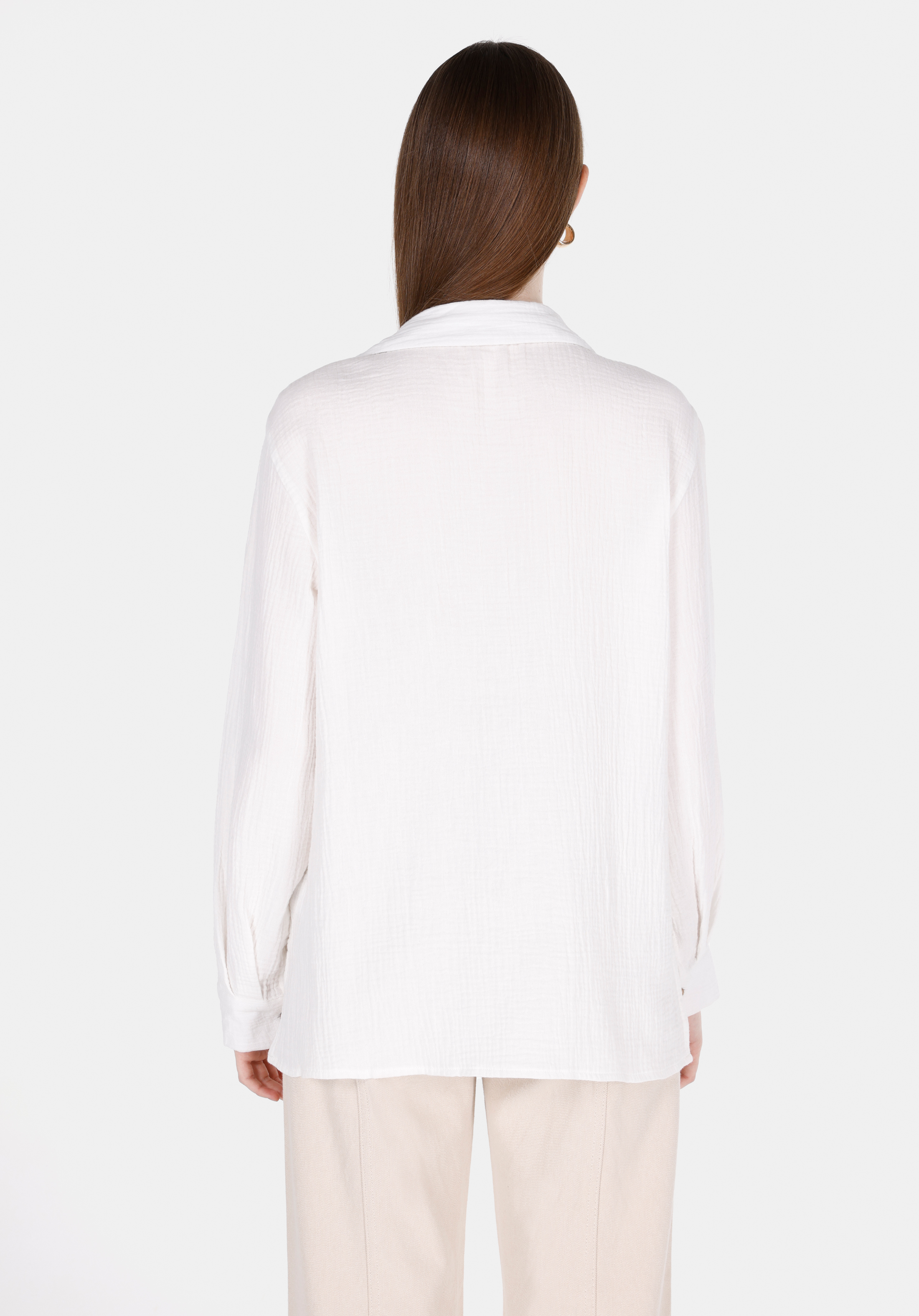 Regular Fit Shirt Neck Düz Kadın Beyaz Uzun Kol Gömlek