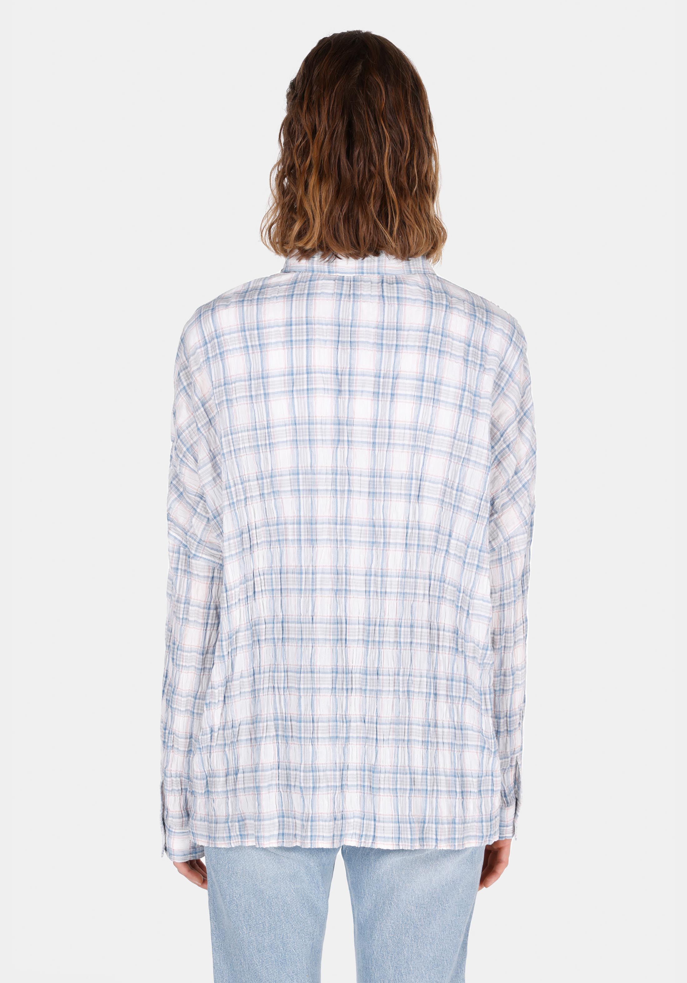 Relaxed Fit Shirt Neck Ekoseli Kadın Mavi Uzun Kol Gömlek