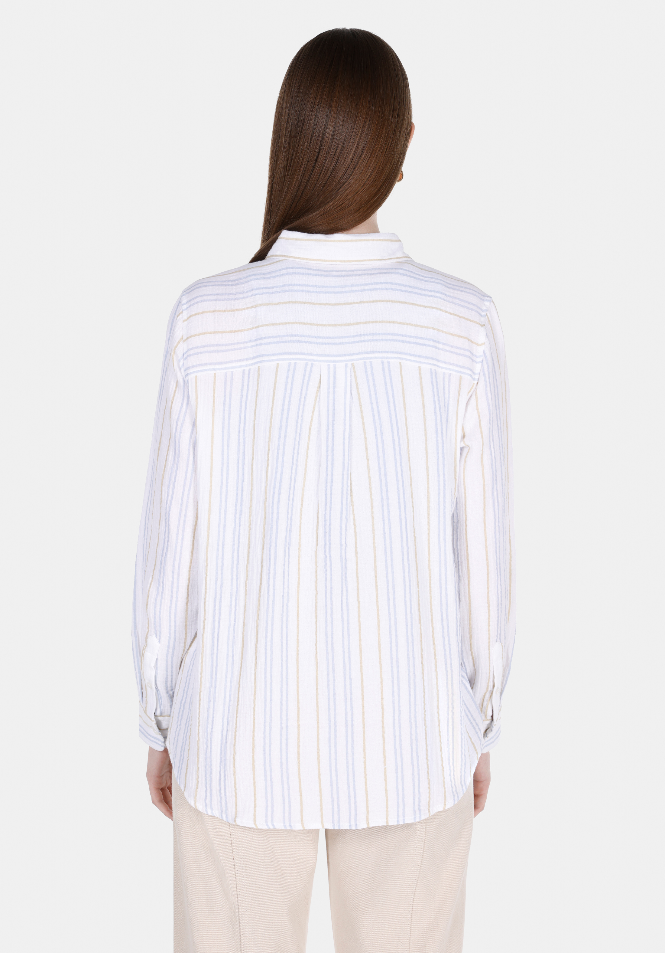 Regular Fit Shirt Neck Çizgili Kadın Beyaz Uzun Kol Gömlek