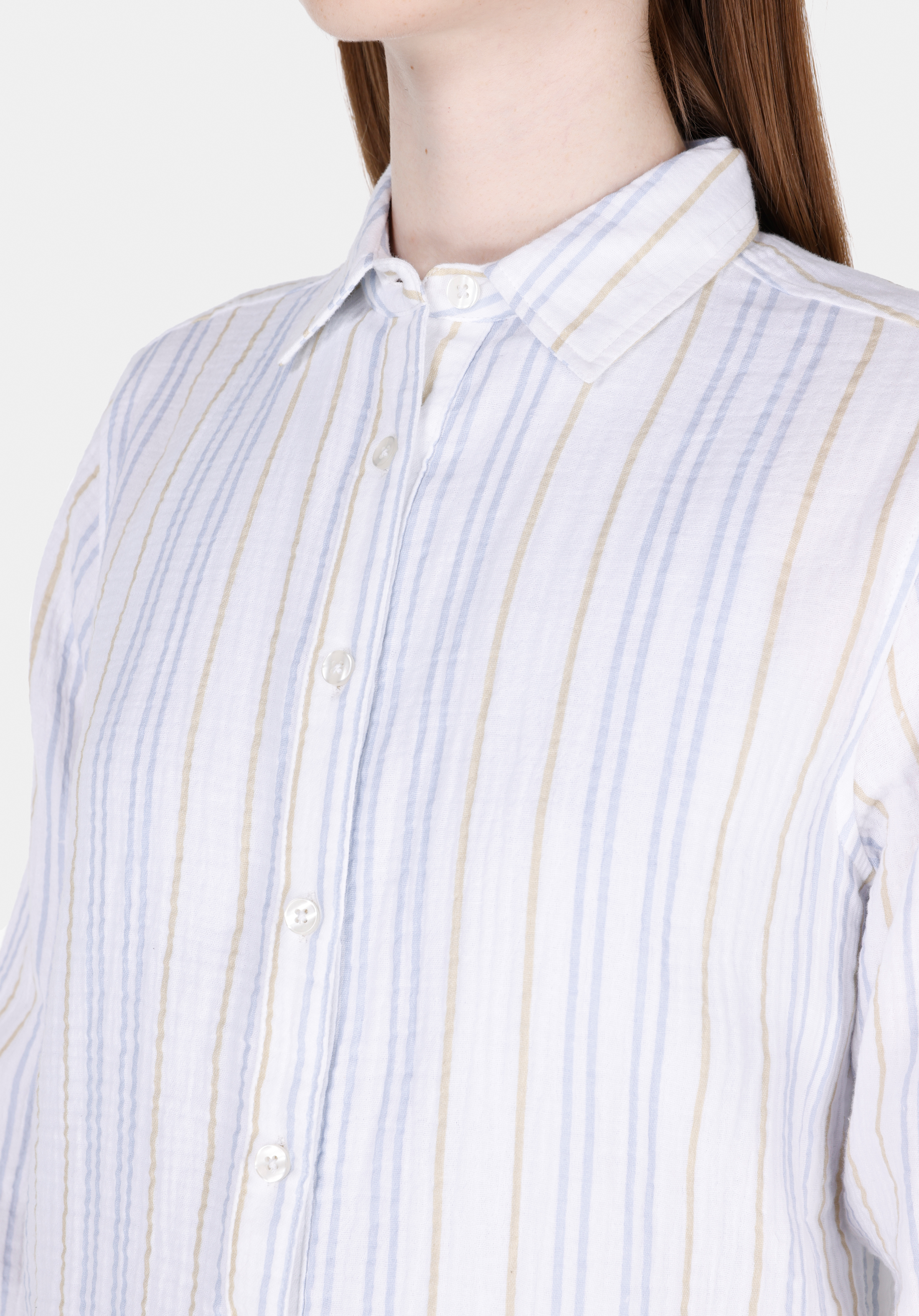 Regular Fit Shirt Neck Çizgili Kadın Beyaz Uzun Kol Gömlek