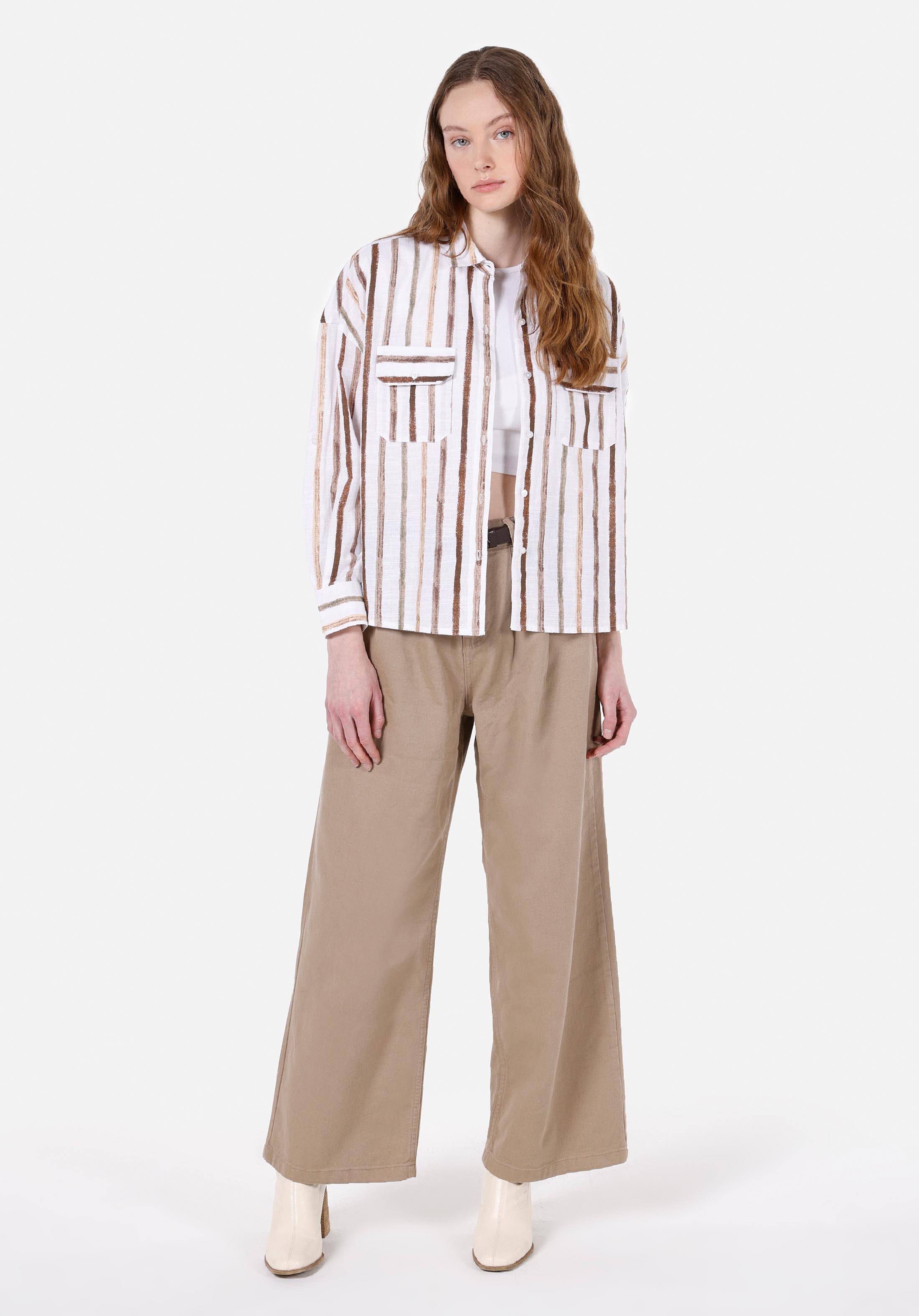 Regular Fit Shirt Neck Çizgili Kadın Beyaz Roll-up Gömlek