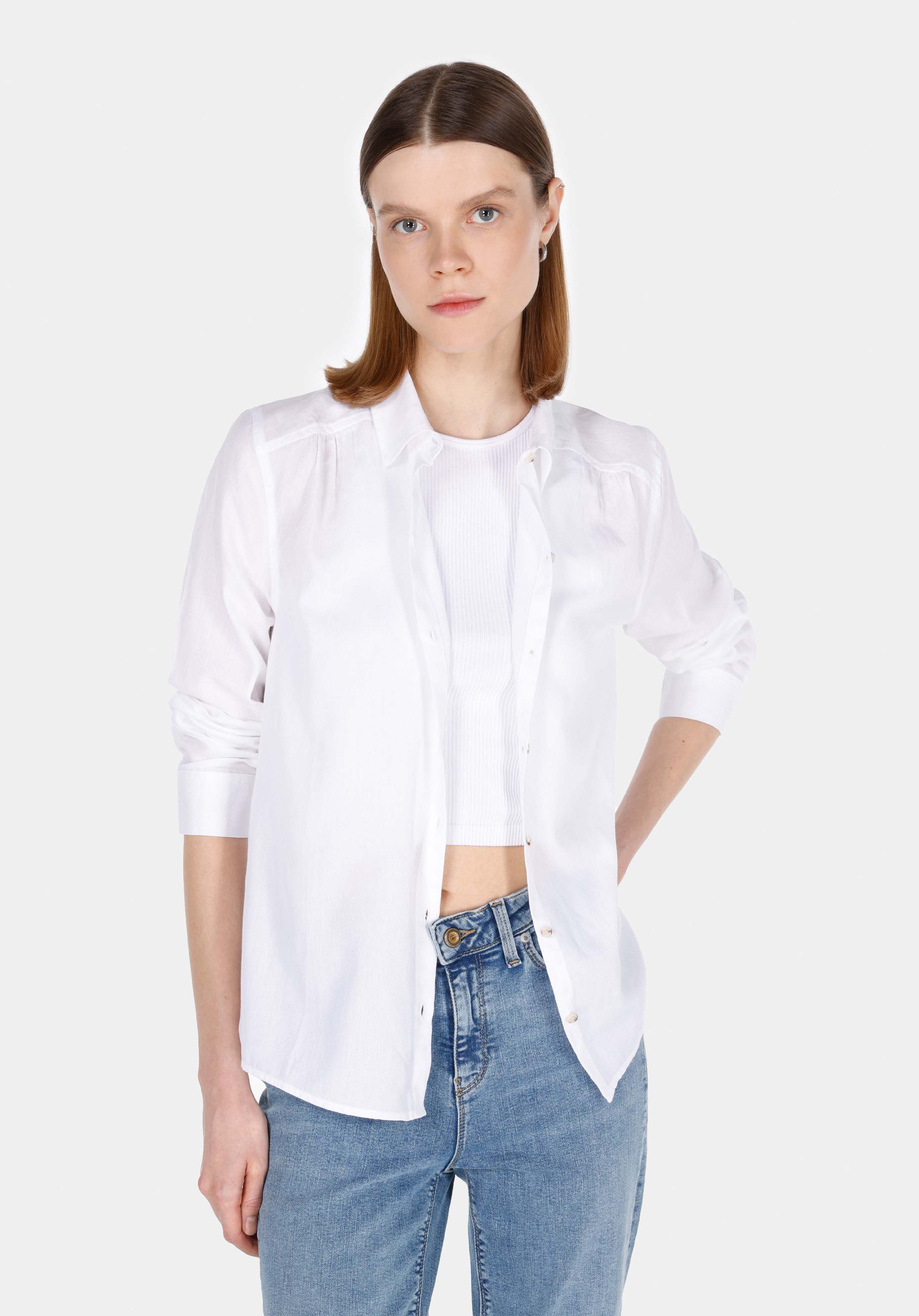 Regular Fit Shirt Neck Düz Kadın Beyaz Uzun Kol Gömlek