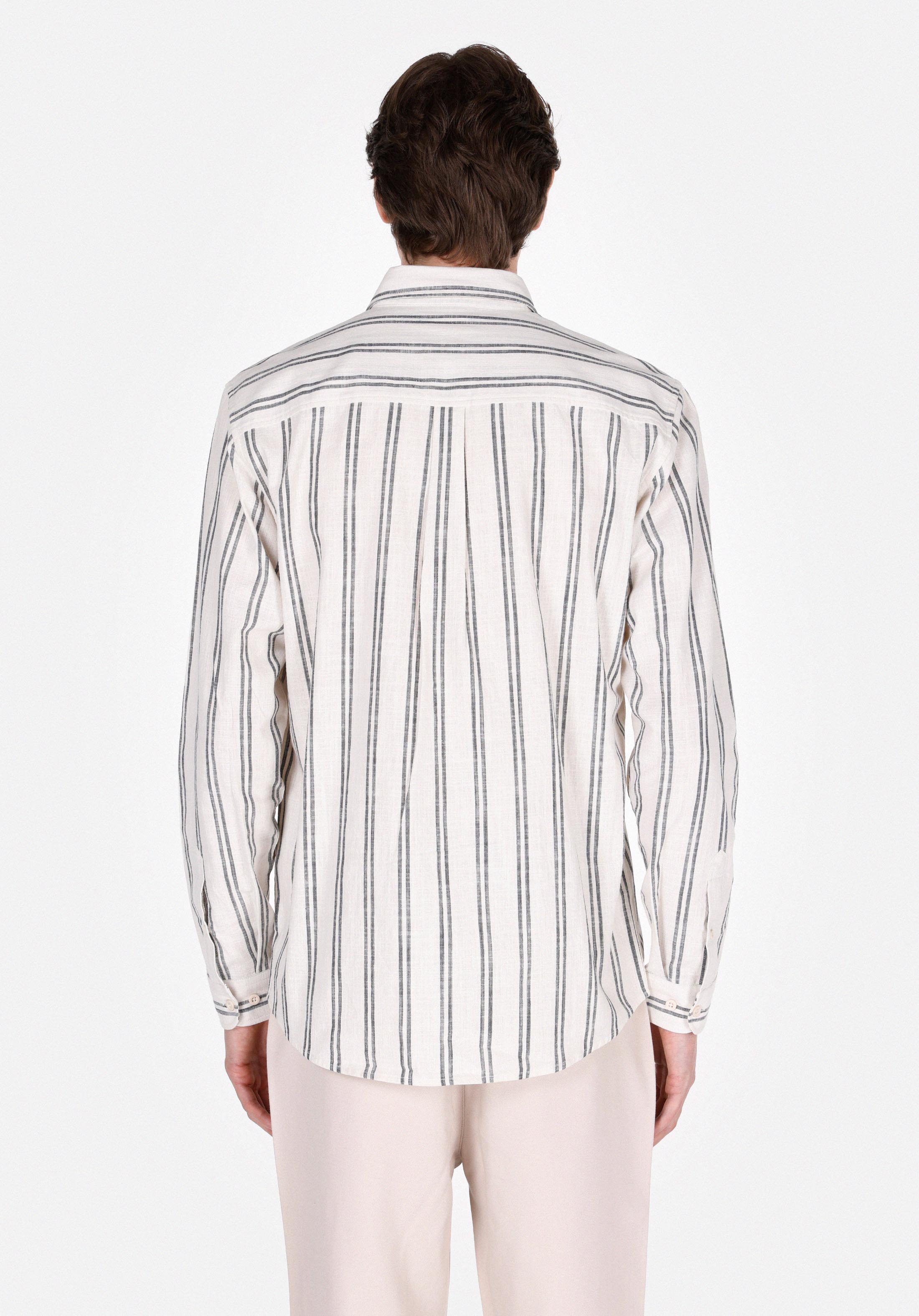 Regular Fit Shirt Neck Çizgili Erkek Ekru Uzun Kol Gömlek