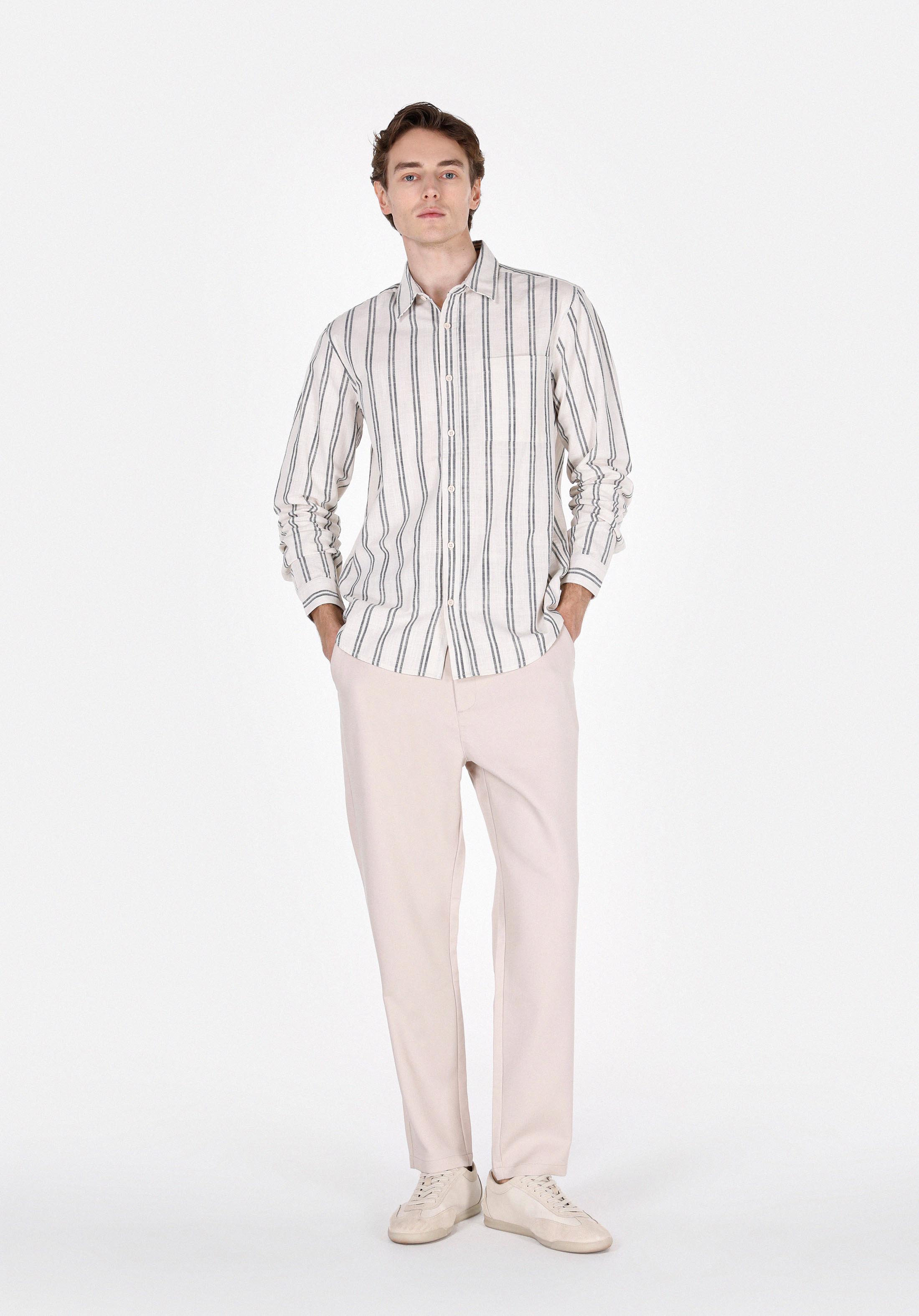 Regular Fit Shirt Neck Çizgili Erkek Ekru Uzun Kol Gömlek