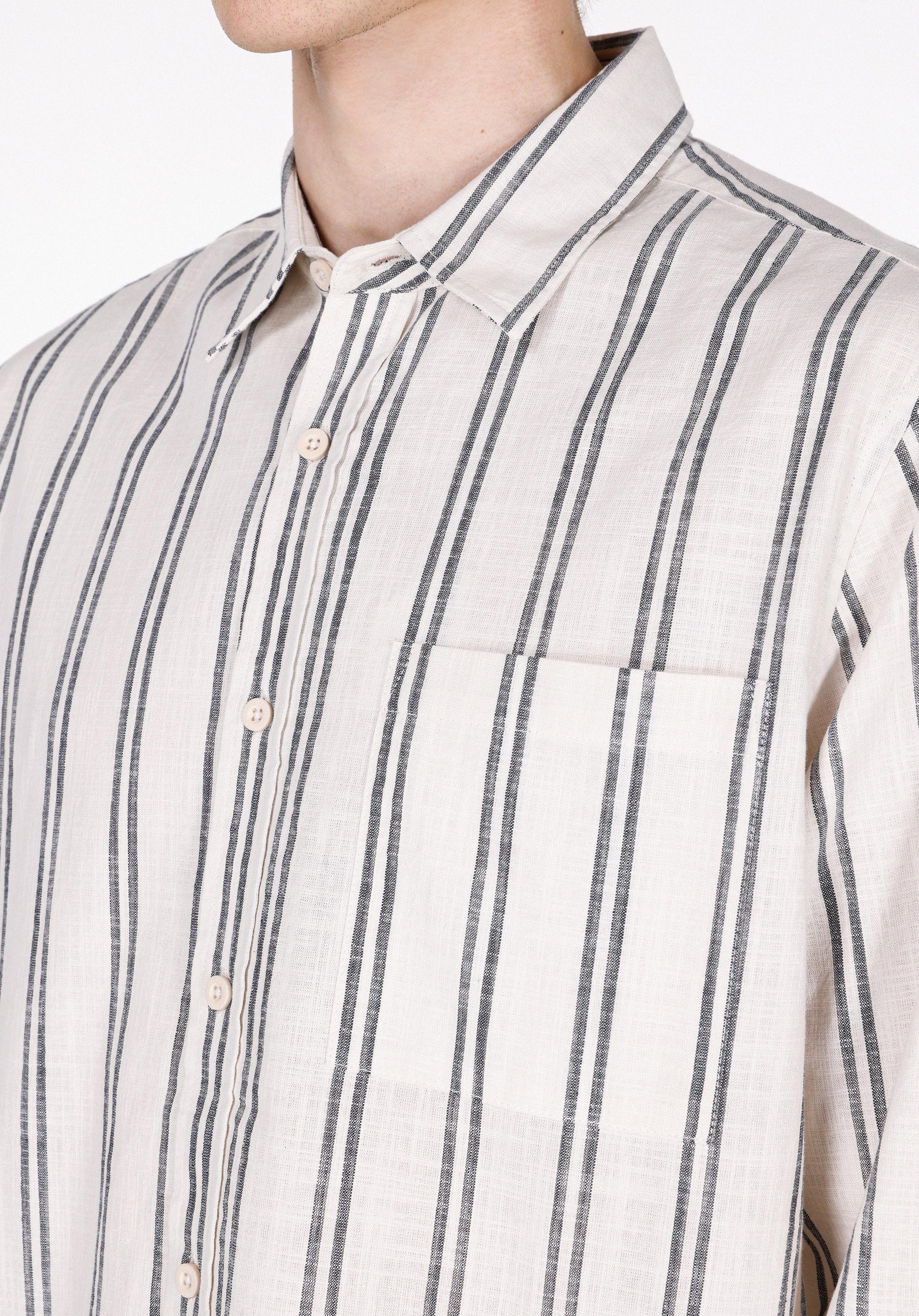 Regular Fit Shirt Neck Çizgili Erkek Ekru Uzun Kol Gömlek