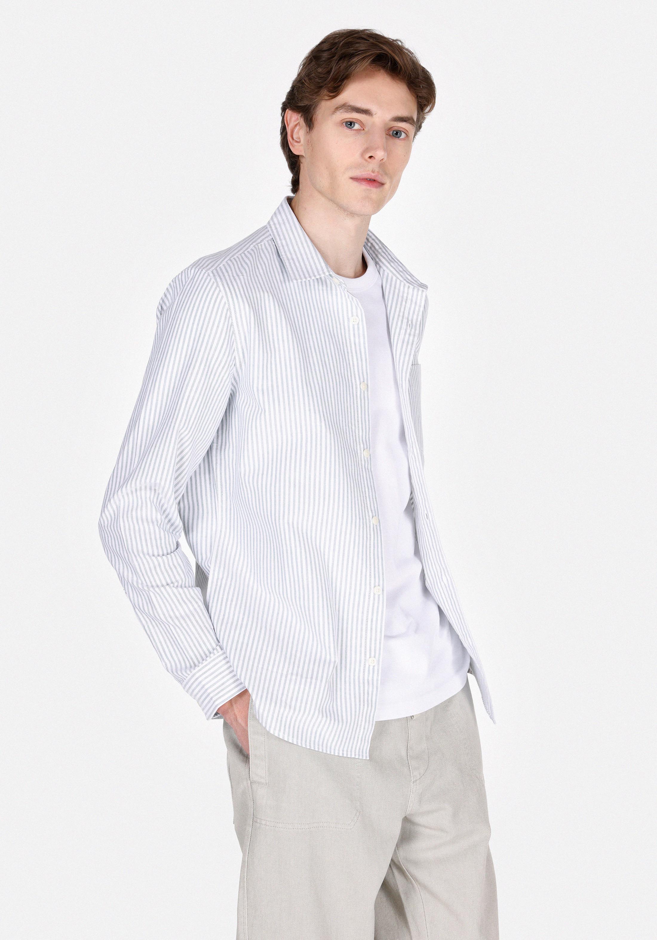 Slim Fit Shirt Neck Çizgili Erkek Turkuaz Uzun Kol Gömlek