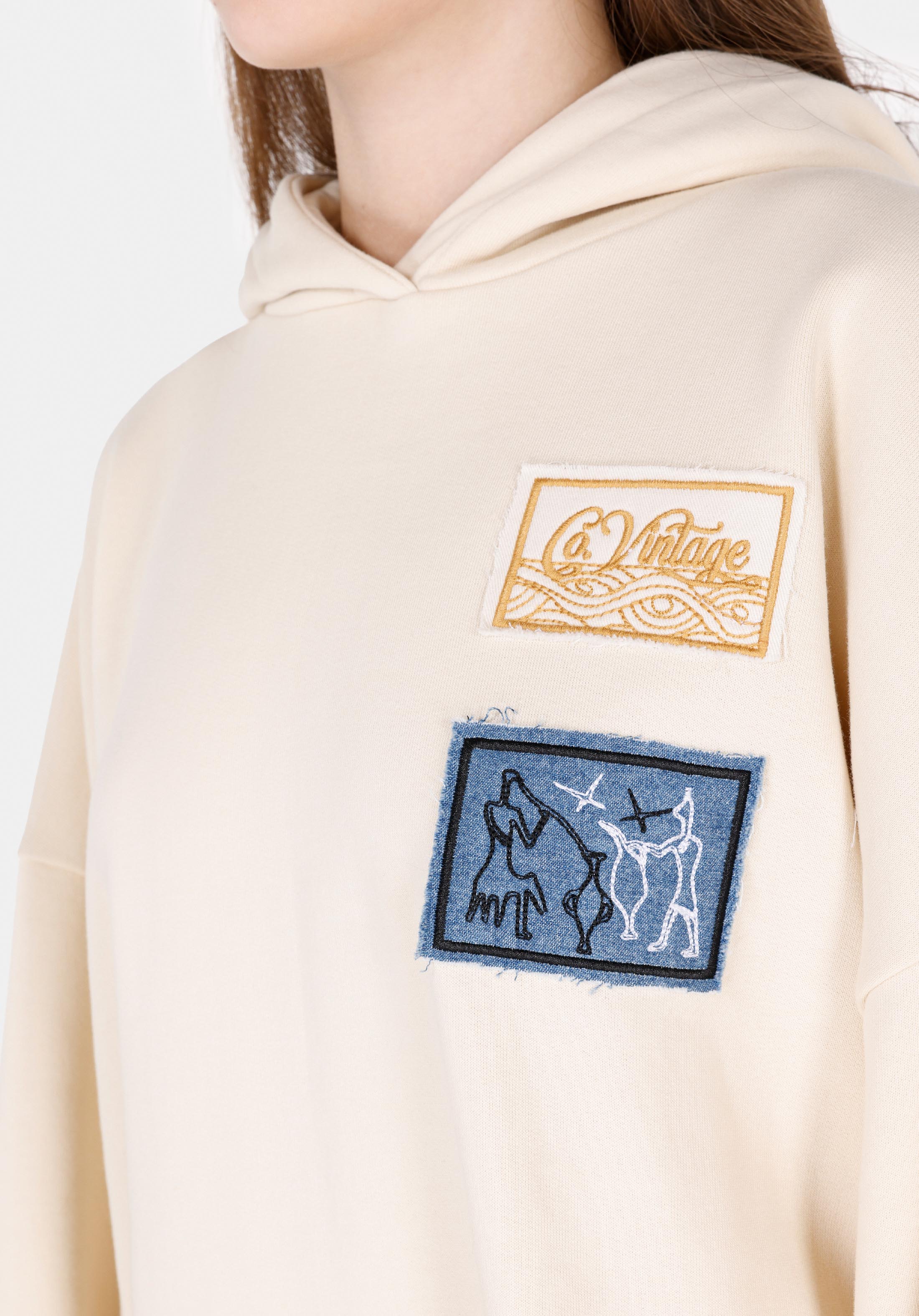 Regular Fit Kapüşonlu Nakışlı Kadın Ekru Sweatshirt