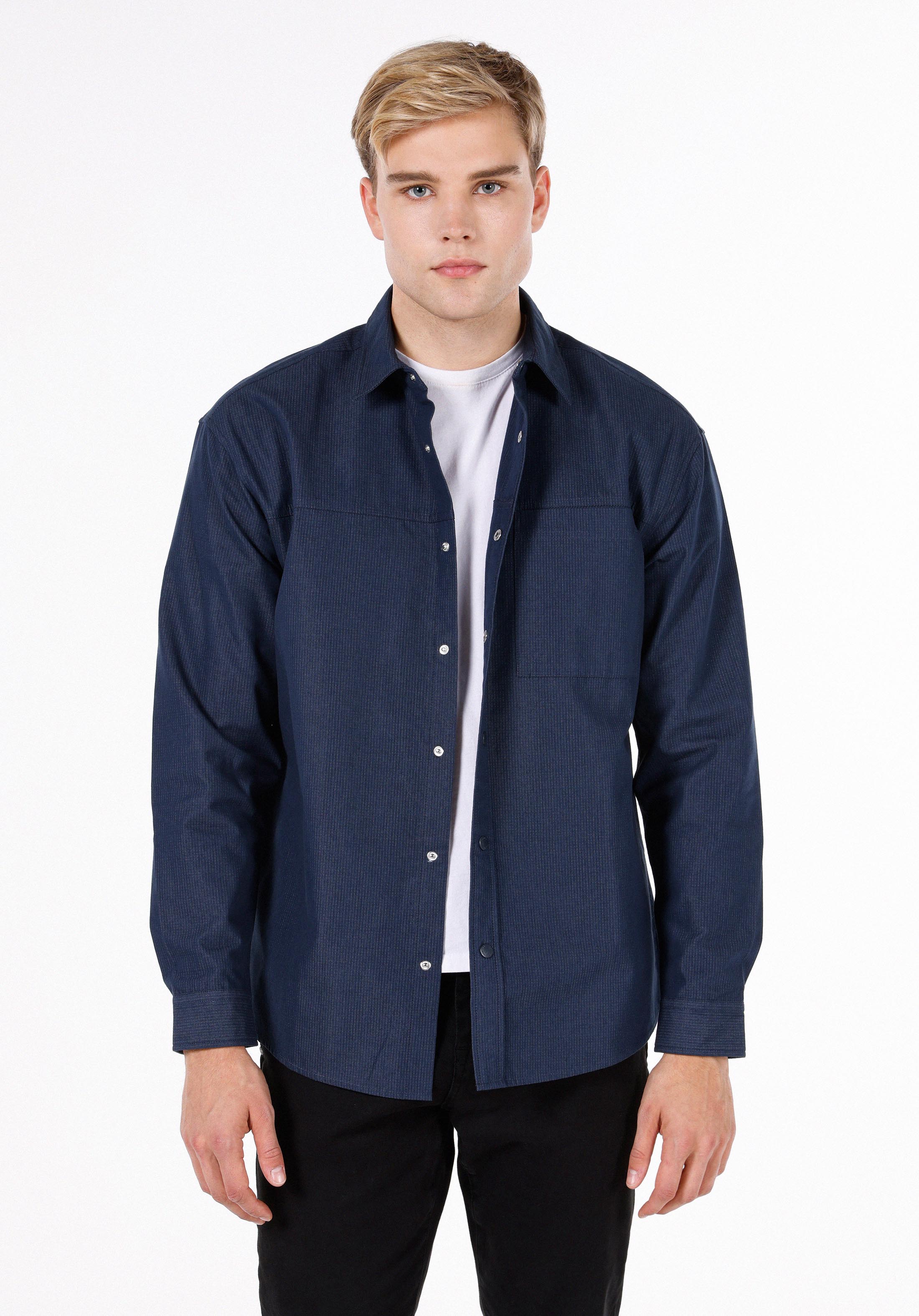 Regular Fit Shirt Neck Düz Erkek Lacivert Uzun Kol Gömlek