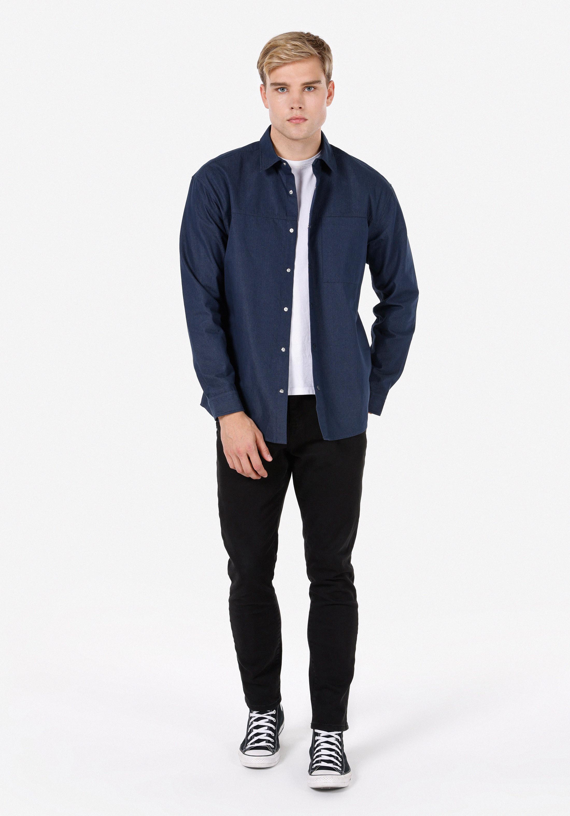 Regular Fit Shirt Neck Düz Erkek Lacivert Uzun Kol Gömlek