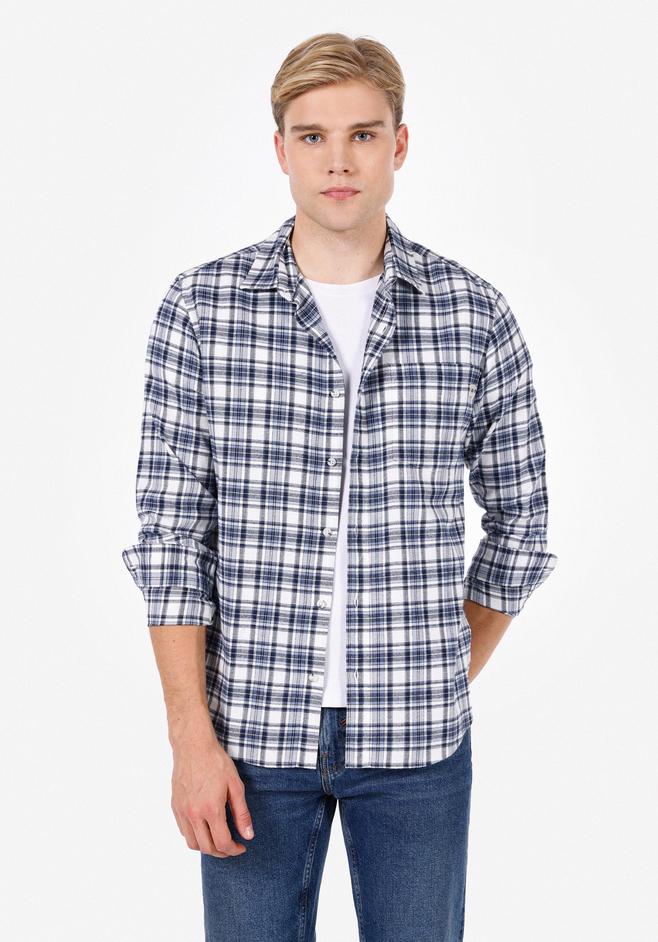 Regular Fit Shirt Neck Ekoseli Erkek Lacivert Uzun Kol Gömlek