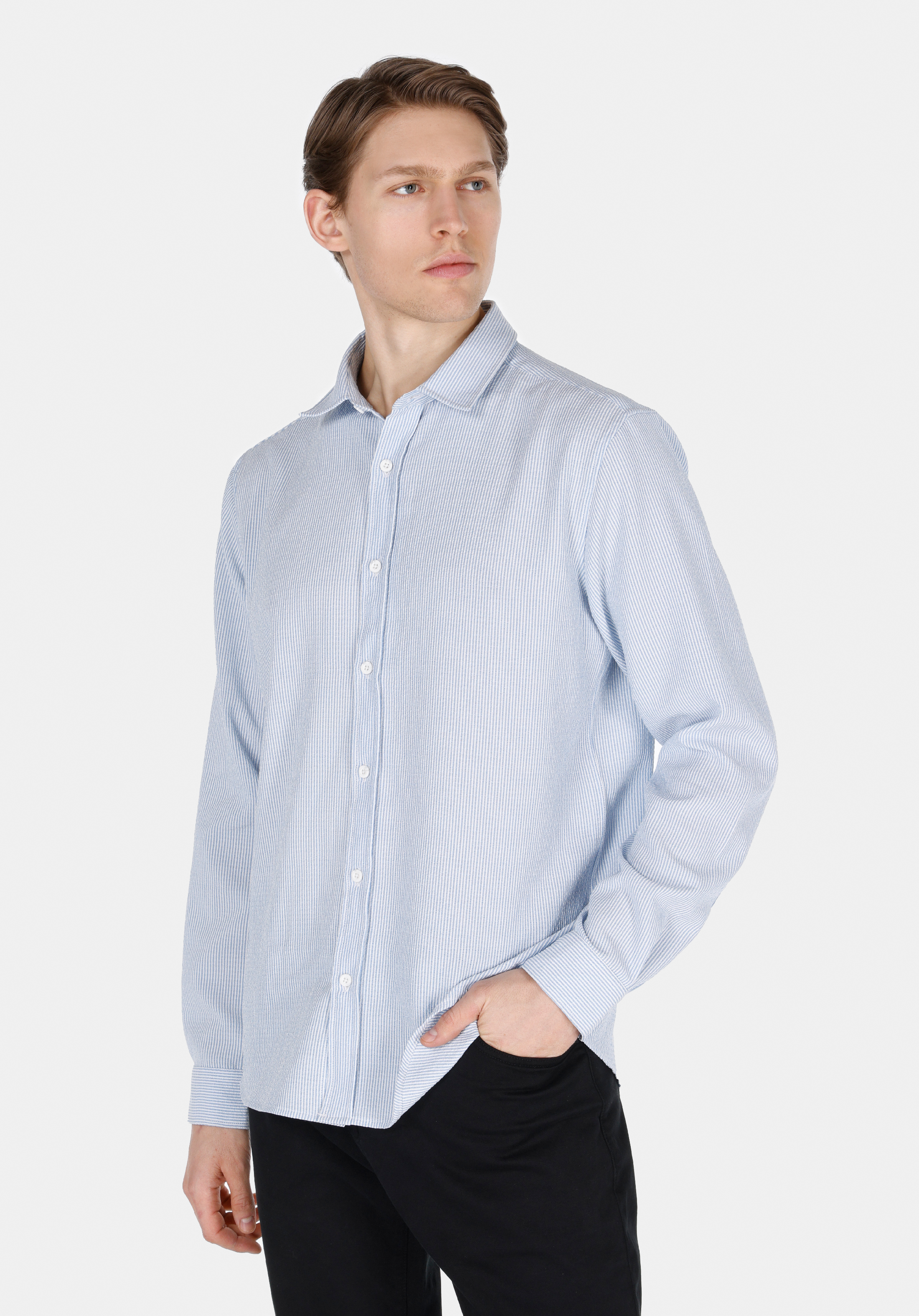 Regular Fit Shirt Neck Çizgili Erkek Mavi Uzun Kol Gömlek