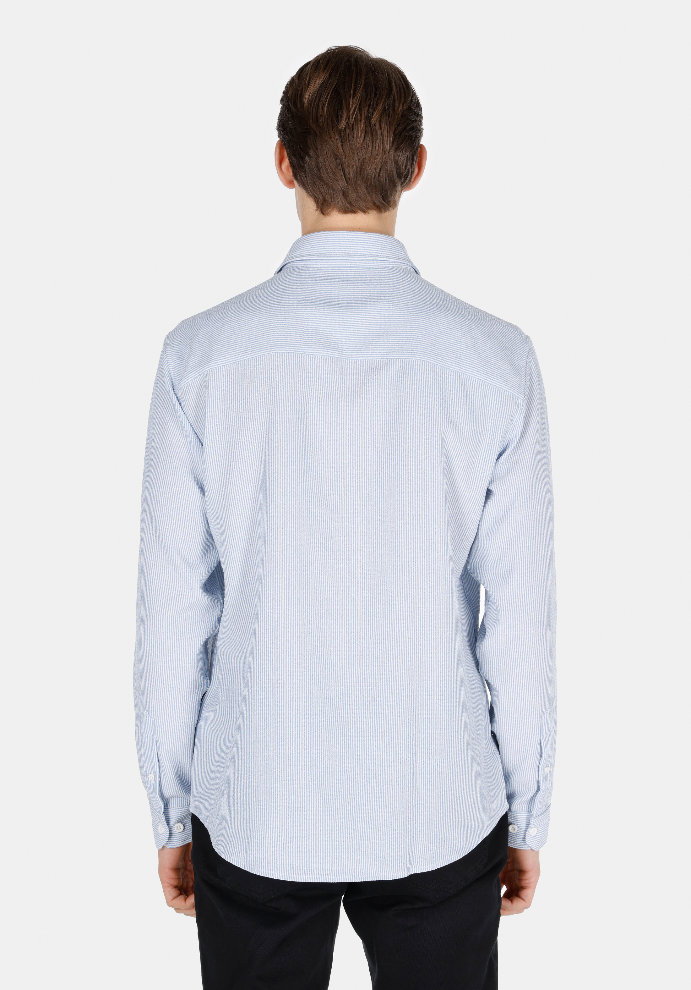 Regular Fit Shirt Neck Çizgili Erkek Mavi Uzun Kol Gömlek