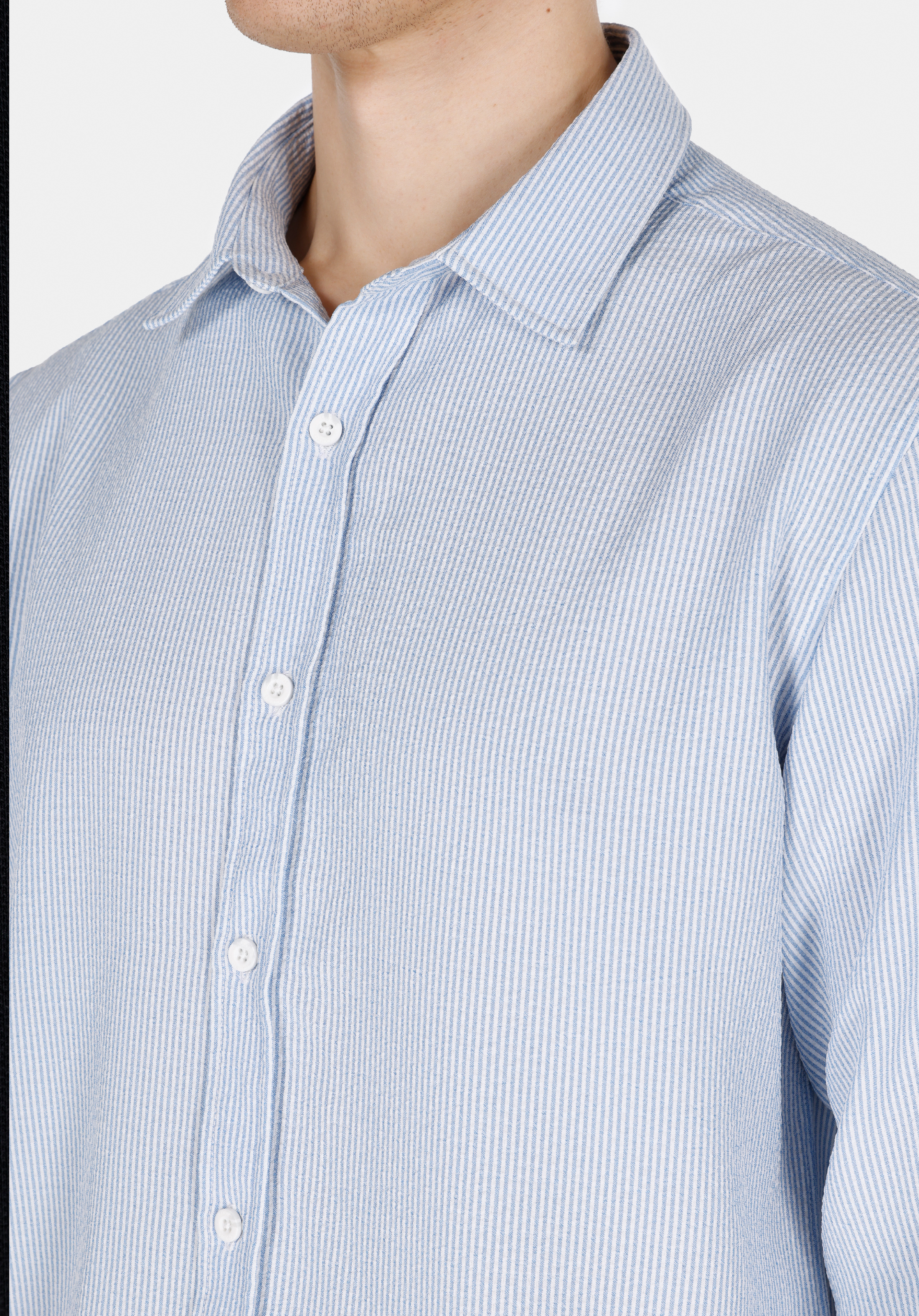 Regular Fit Shirt Neck Çizgili Erkek Mavi Uzun Kol Gömlek