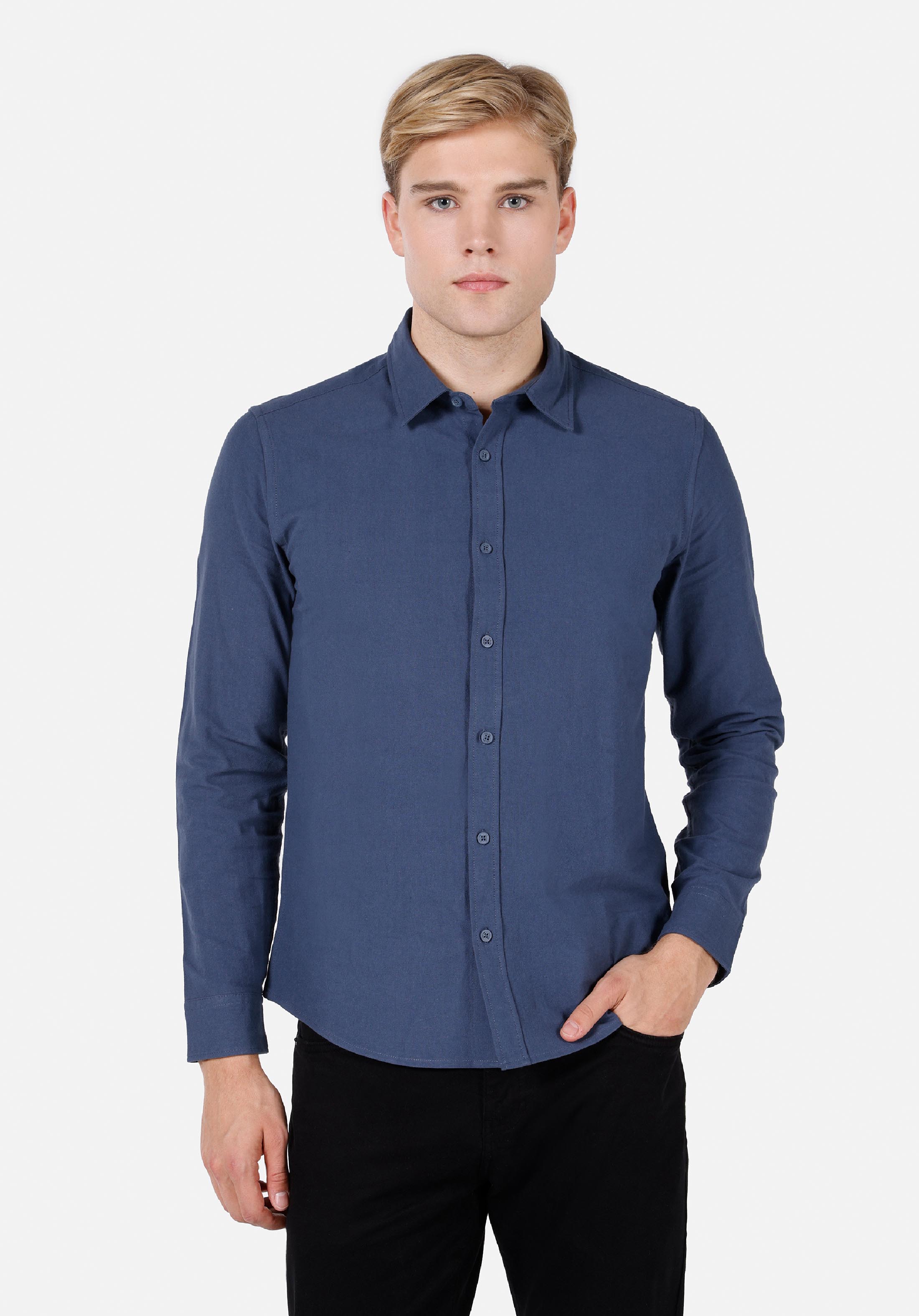 Slim Fit Shirt Neck Düz Erkek Mavi Uzun Kol Gömlek