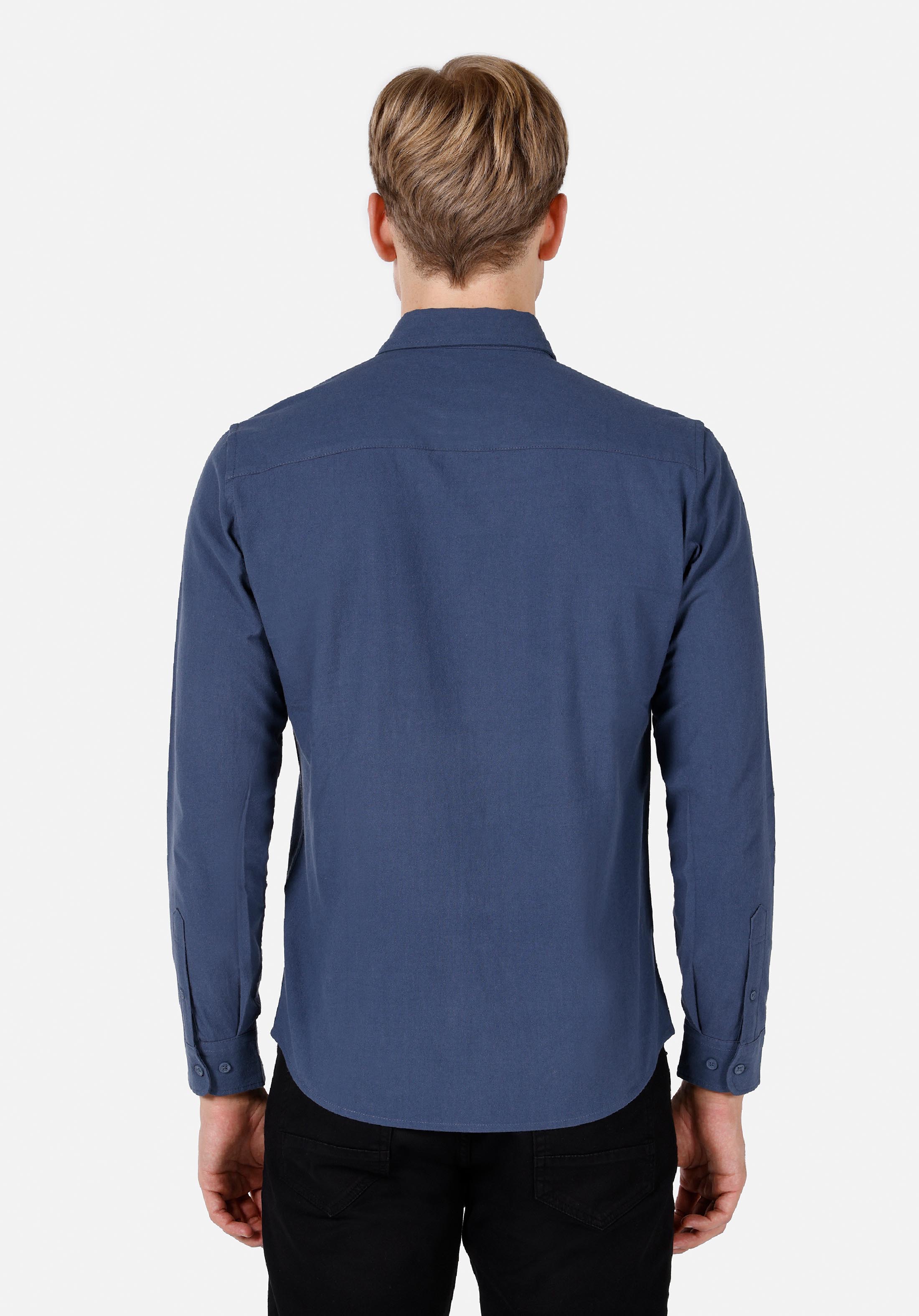 Slim Fit Shirt Neck Düz Erkek Mavi Uzun Kol Gömlek