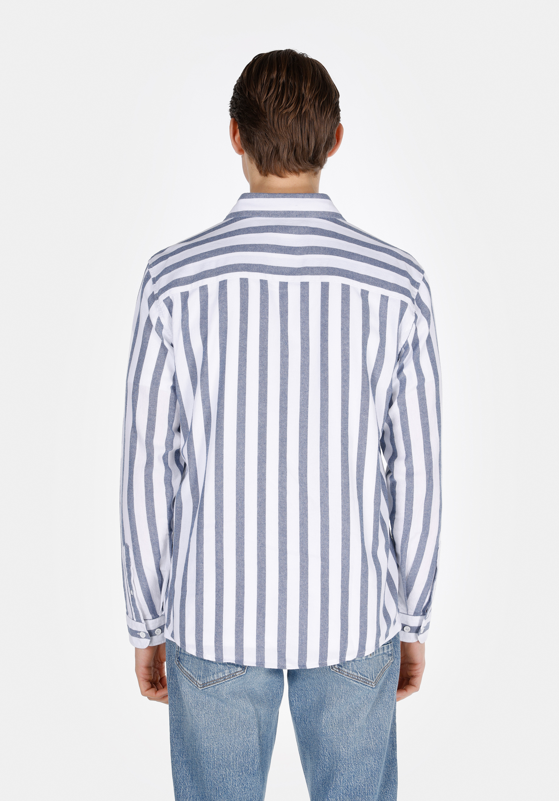 Regular Fit Shirt Neck Çizgili Erkek Mavi Uzun Kol Gömlek