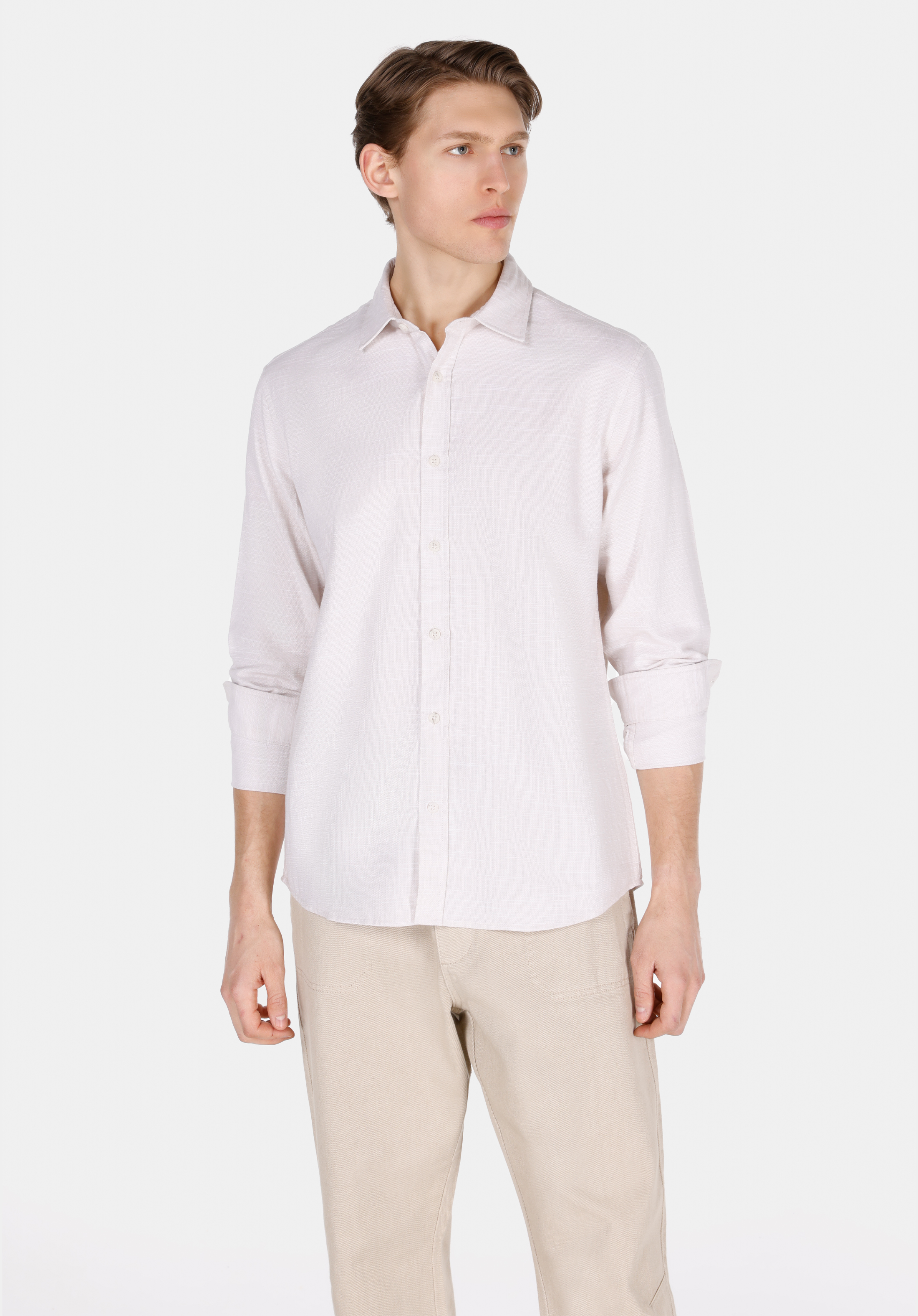 Regular Fit Shirt Neck Düz Erkek Ekru Uzun Kol Gömlek