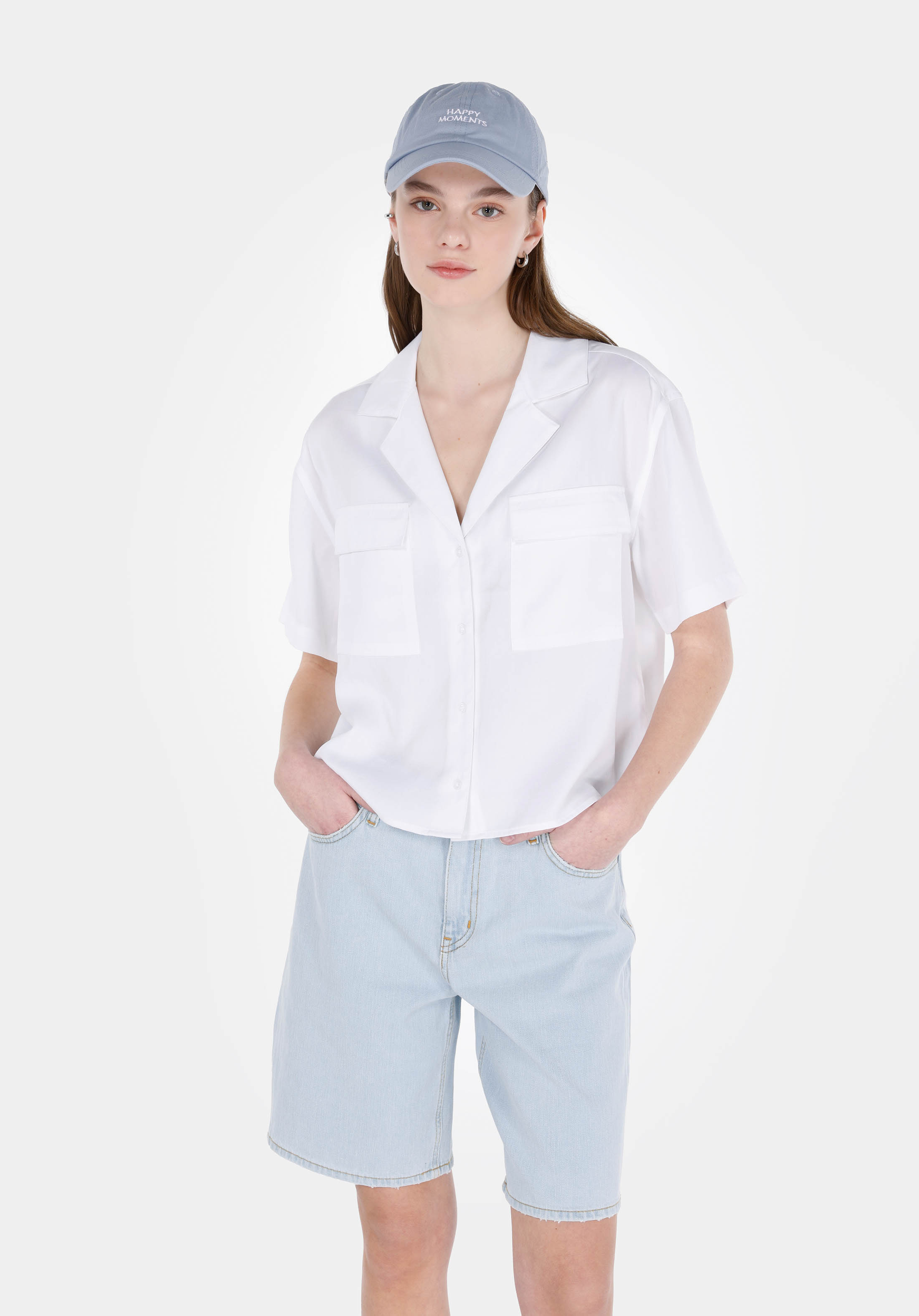 Regular Fit Shirt Neck Düz Kadın Beyaz Kısa Kol Gömlek