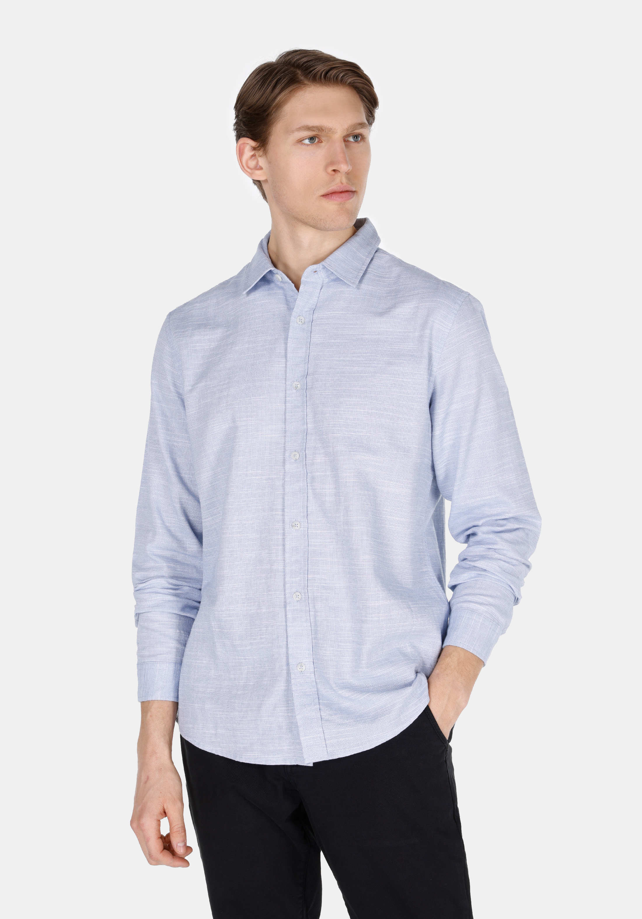 Regular Fit Shirt Neck Düz Erkek Mavi Uzun Kol Gömlek