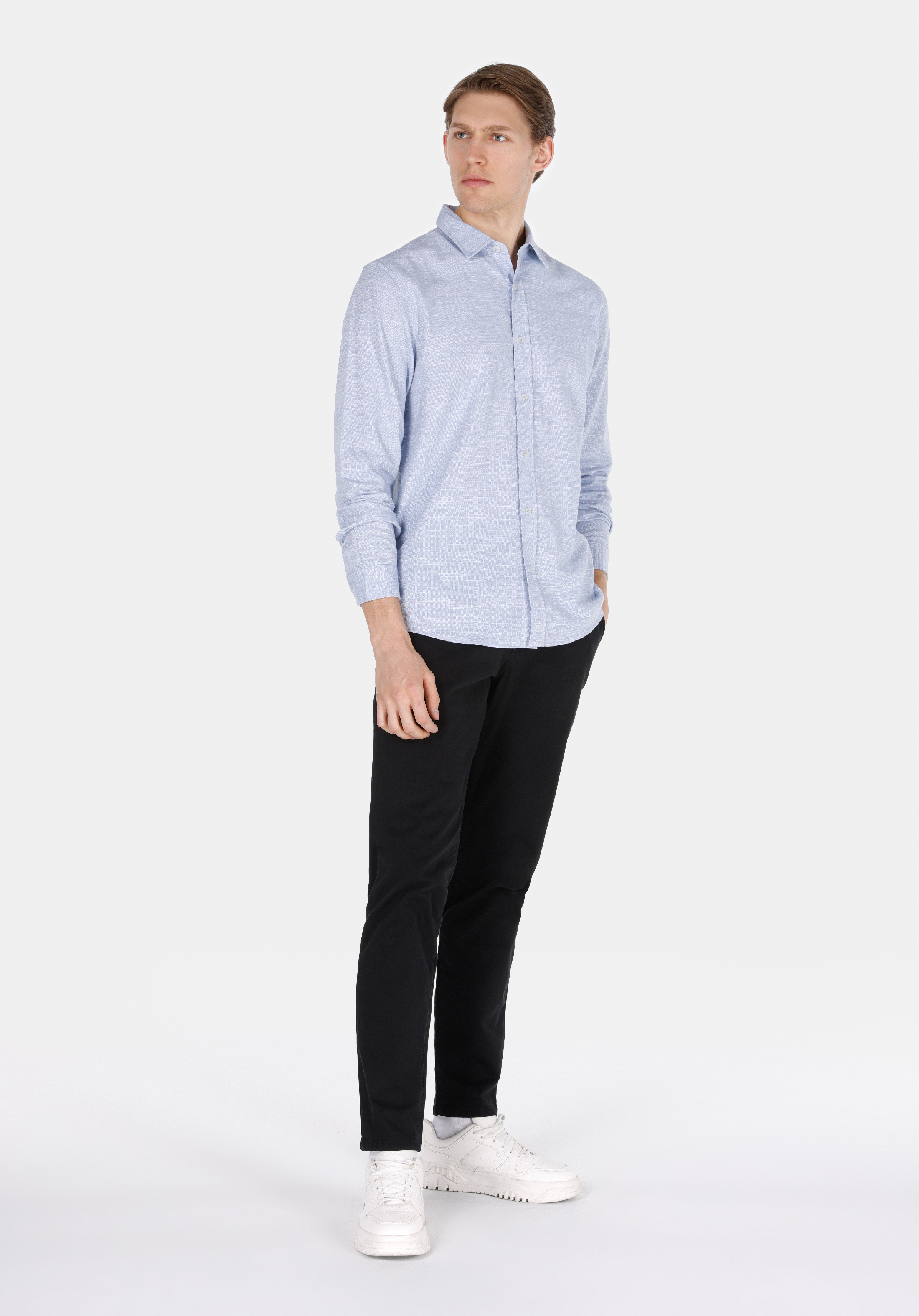Regular Fit Shirt Neck Düz Erkek Mavi Uzun Kol Gömlek