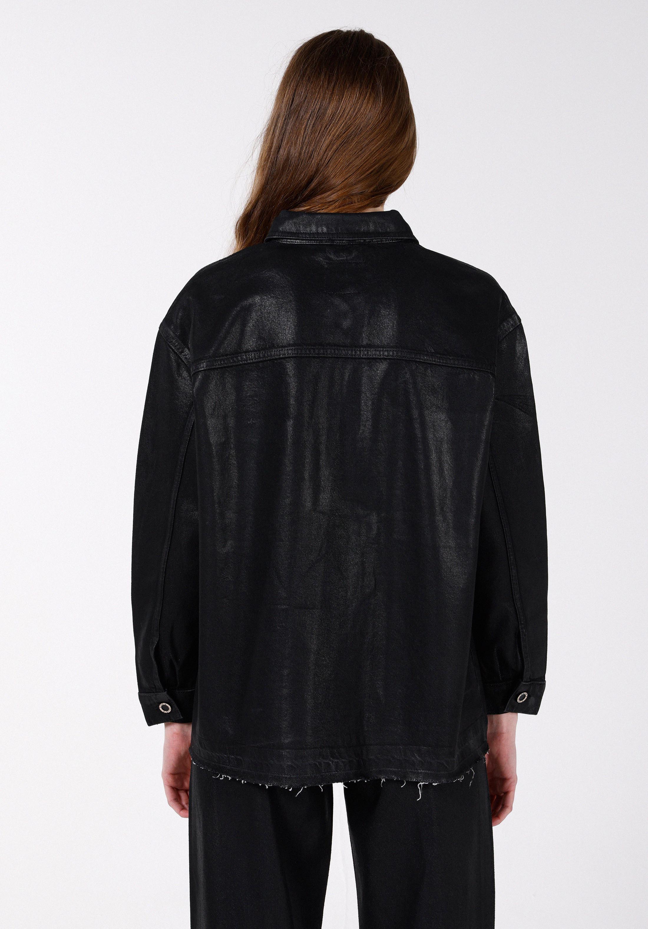 Oversize Fit Klasik Yaka  Kadın Siyah Uzun Kol Gömlek