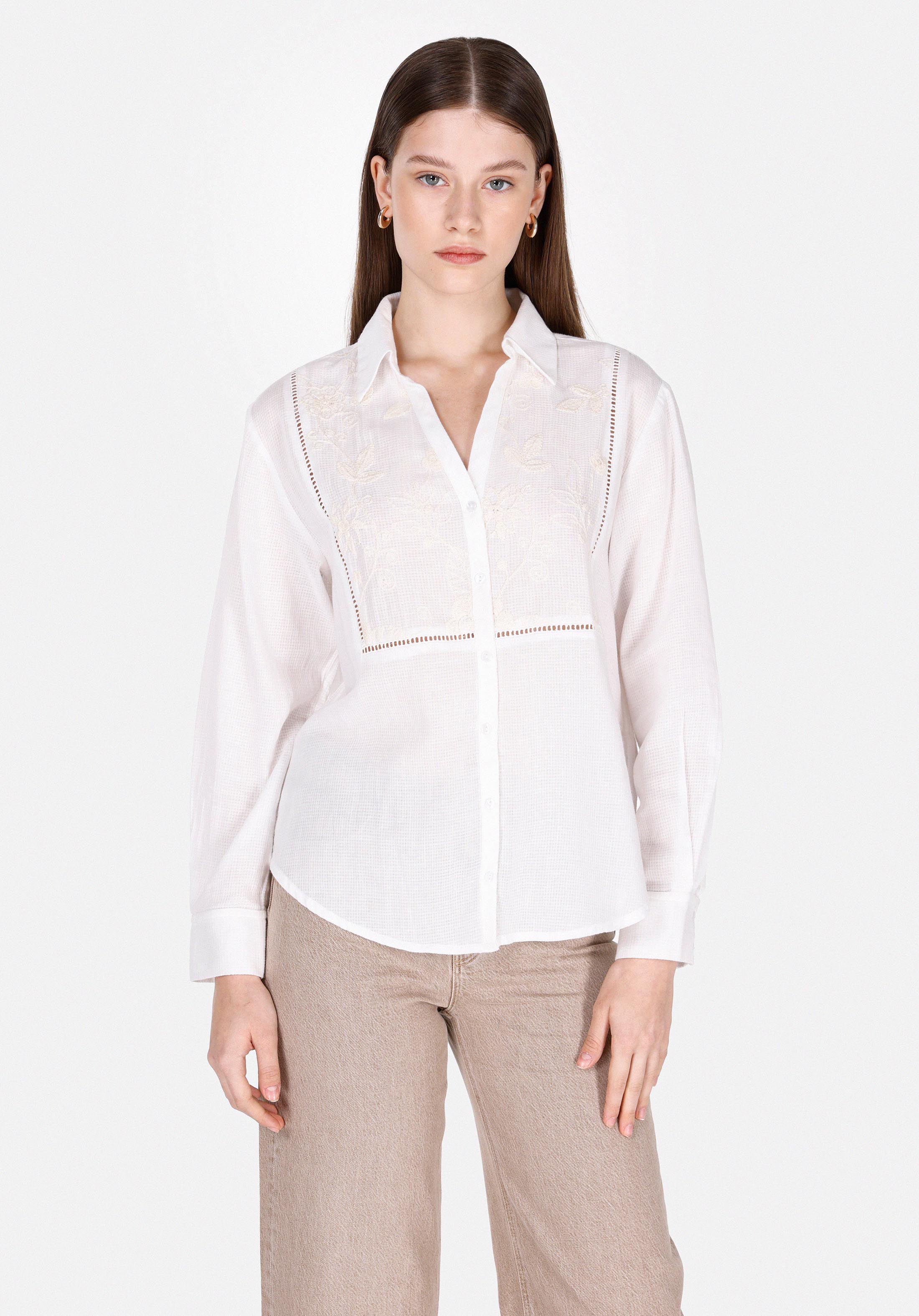 Regular Fit Shirt Neck Düz Kadın Beyaz Uzun Kol Gömlek