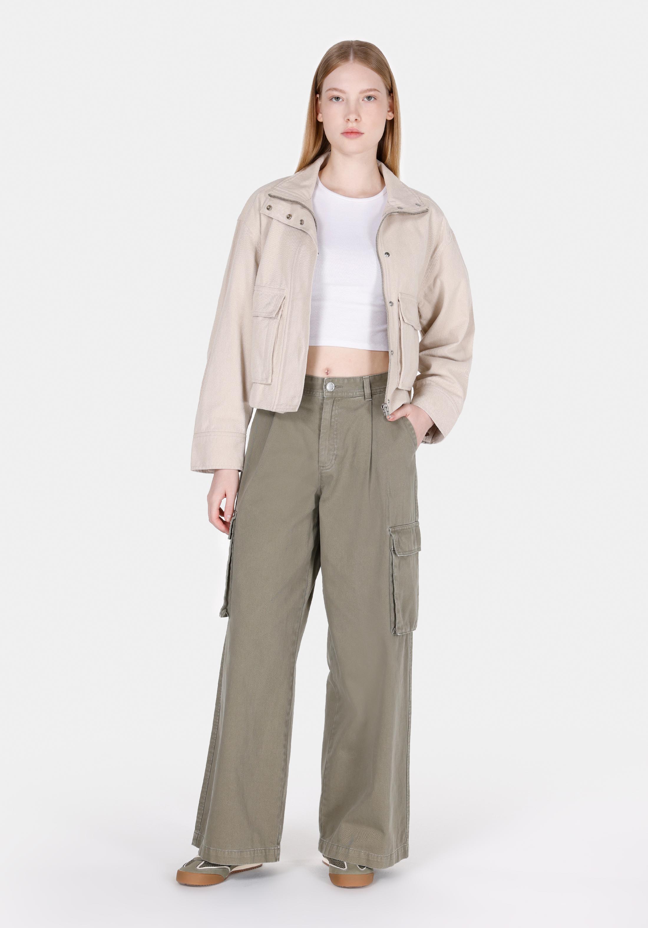 Regular Fit Orta Bel Geniş Paça Kadın Yeşil  Pantolon