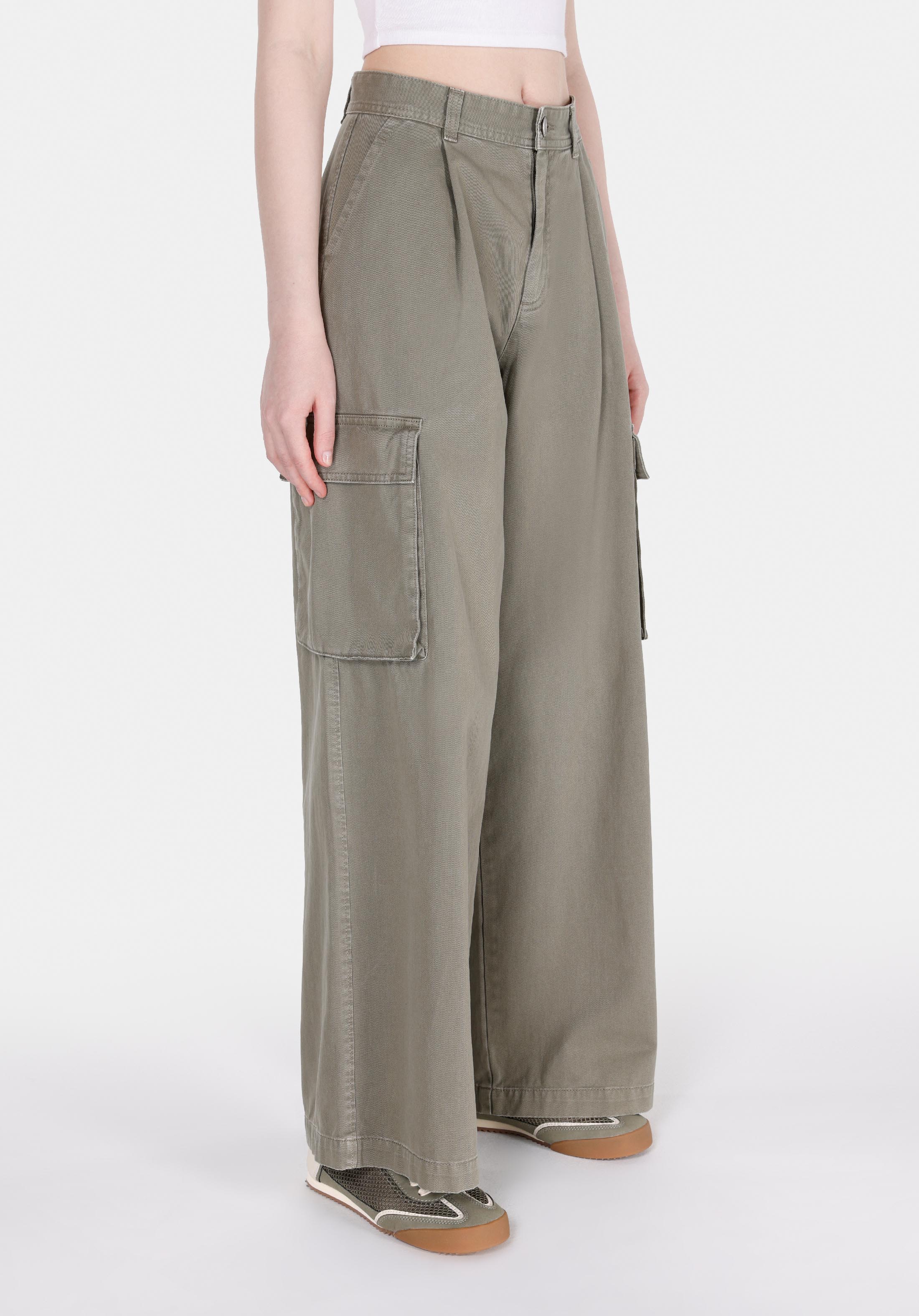 Regular Fit Orta Bel Geniş Paça Kadın Yeşil  Pantolon