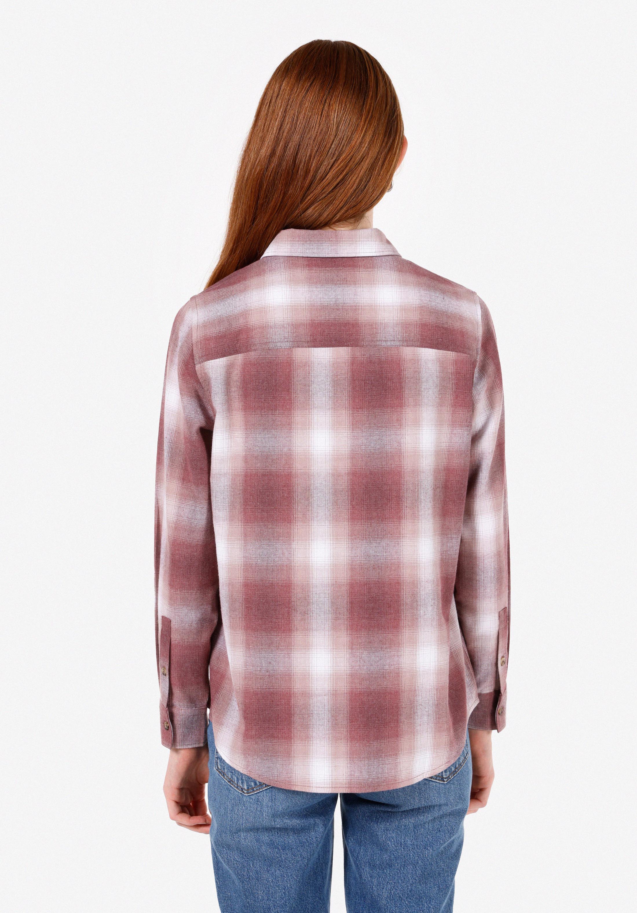 Regular Fit Shirt Neck Ekoseli Kadın Pembe Uzun Kol Gömlek