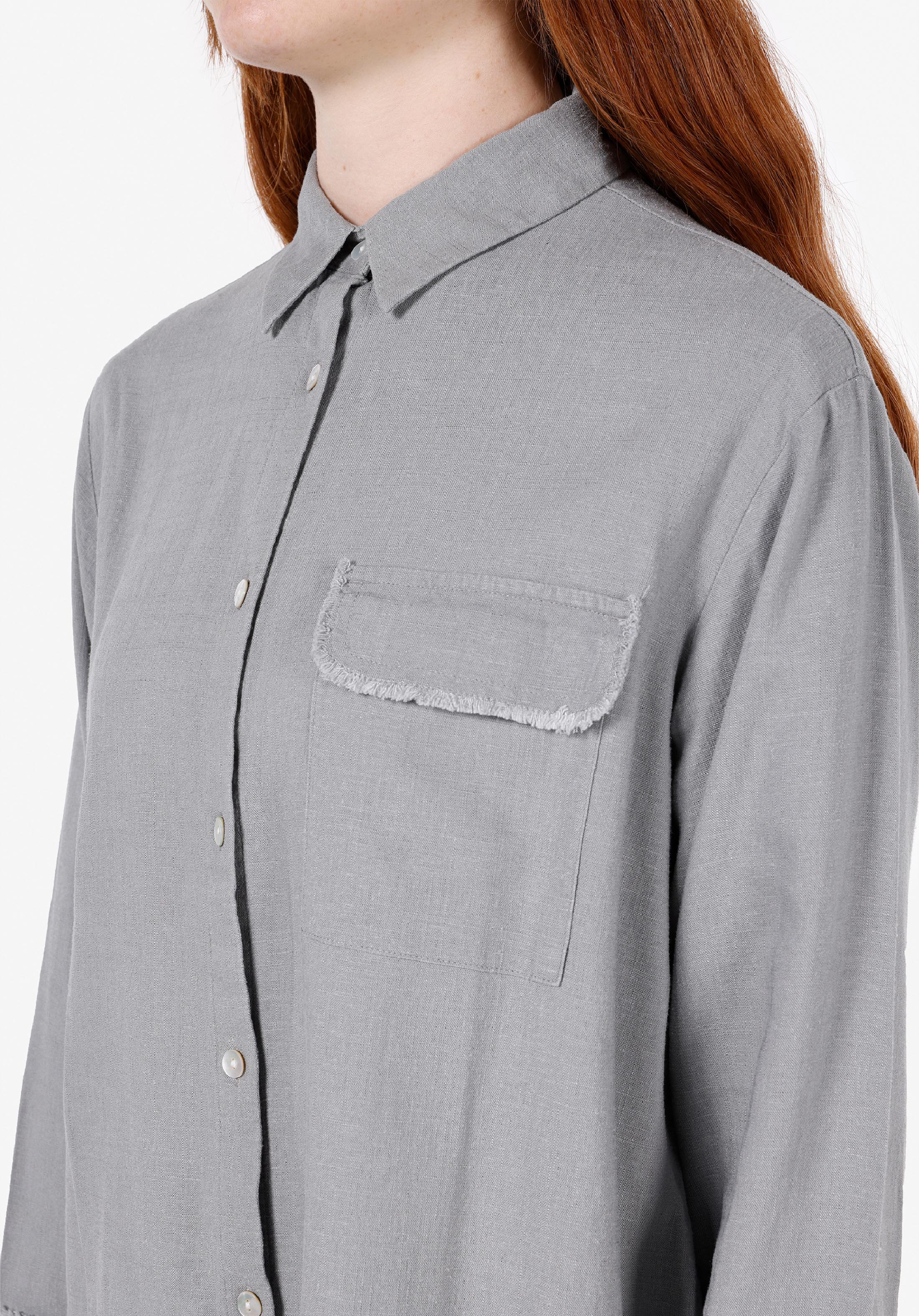 Regular Fit Shirt Neck Düz Kadın Gri Uzun Kol Gömlek