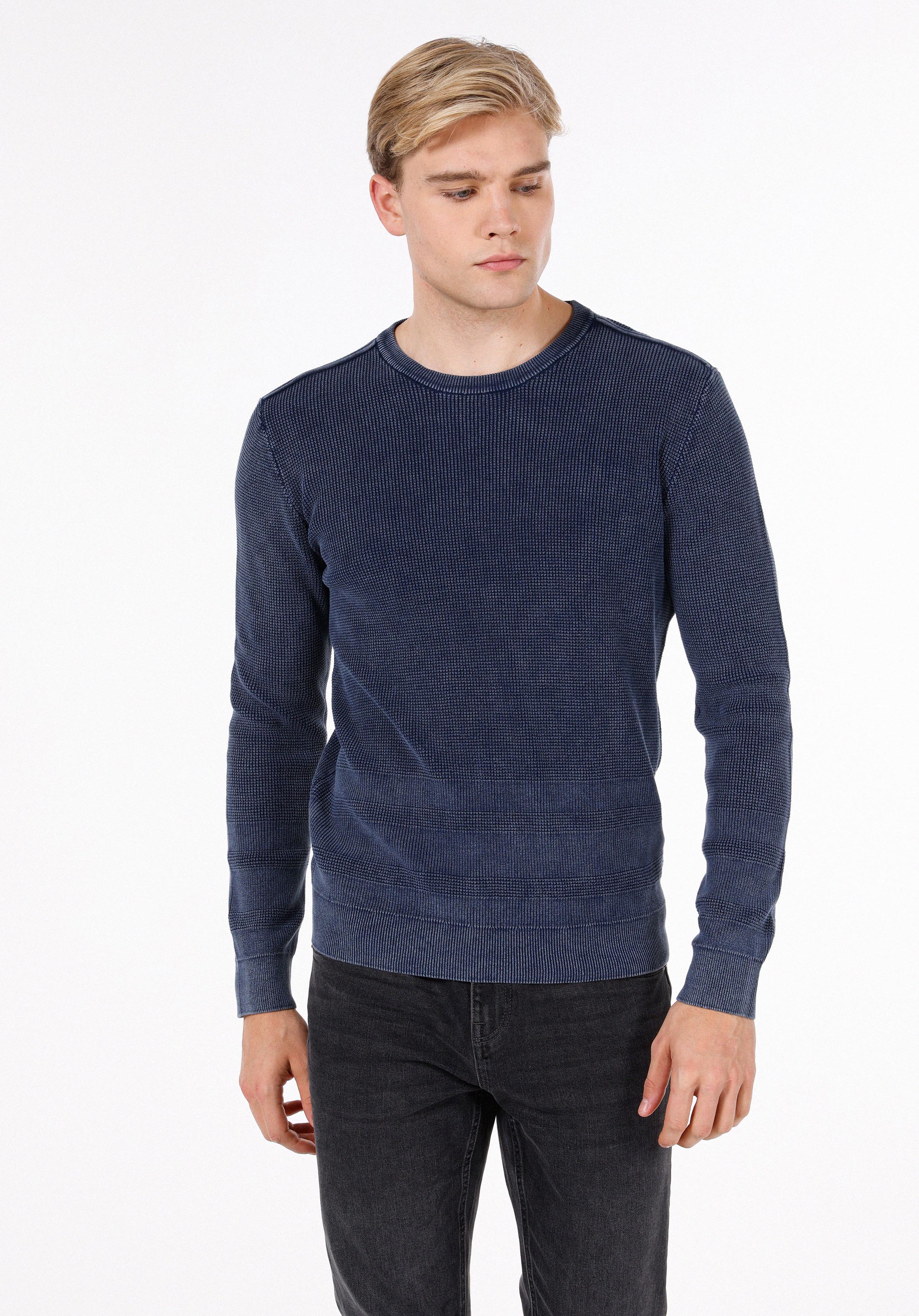 Regular Fit Yuvarlak Yaka Jakarlı Erkek Mavi Kazak