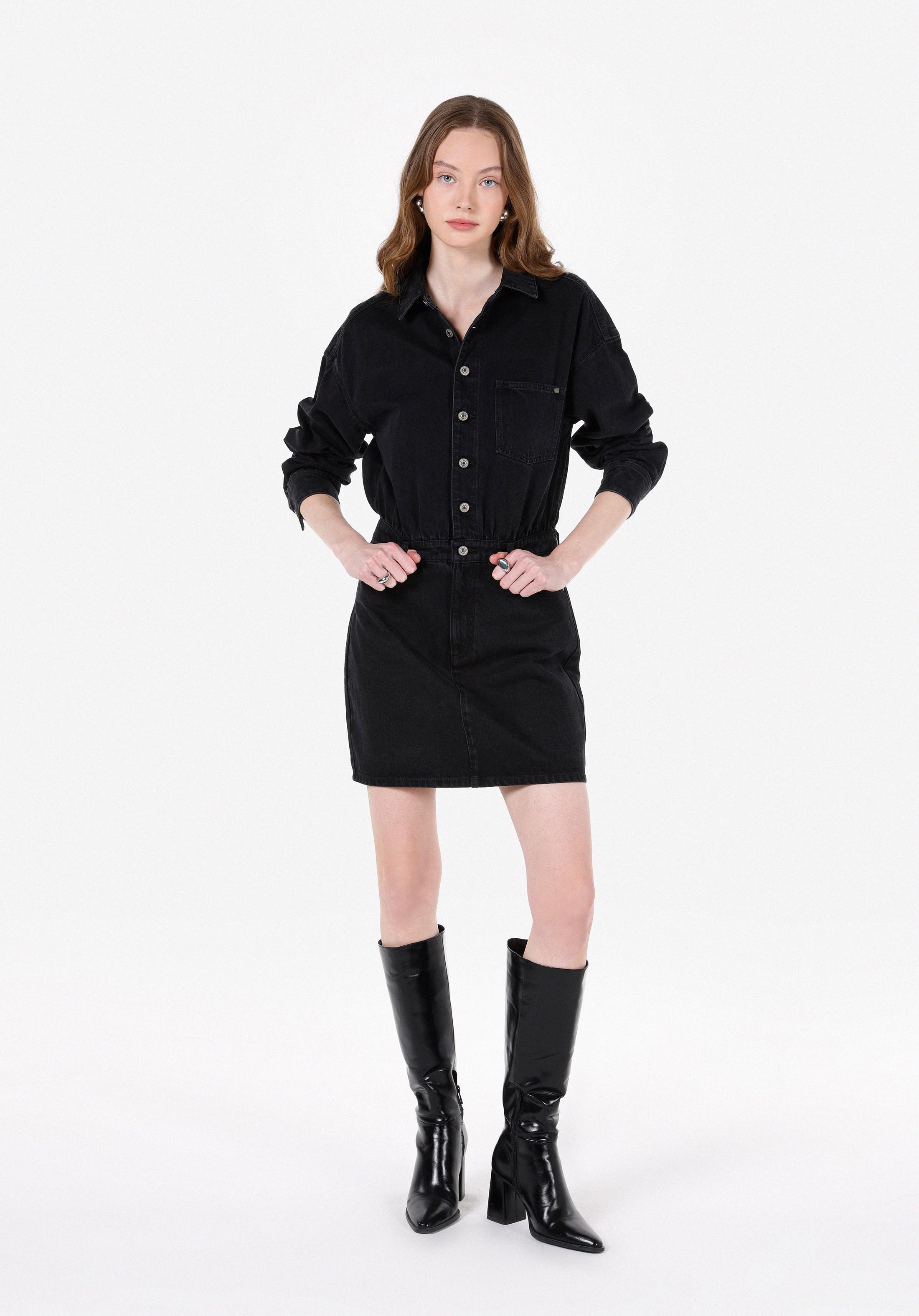 Slim Fit Düz Kadın Siyah Uzun Kol Elbise