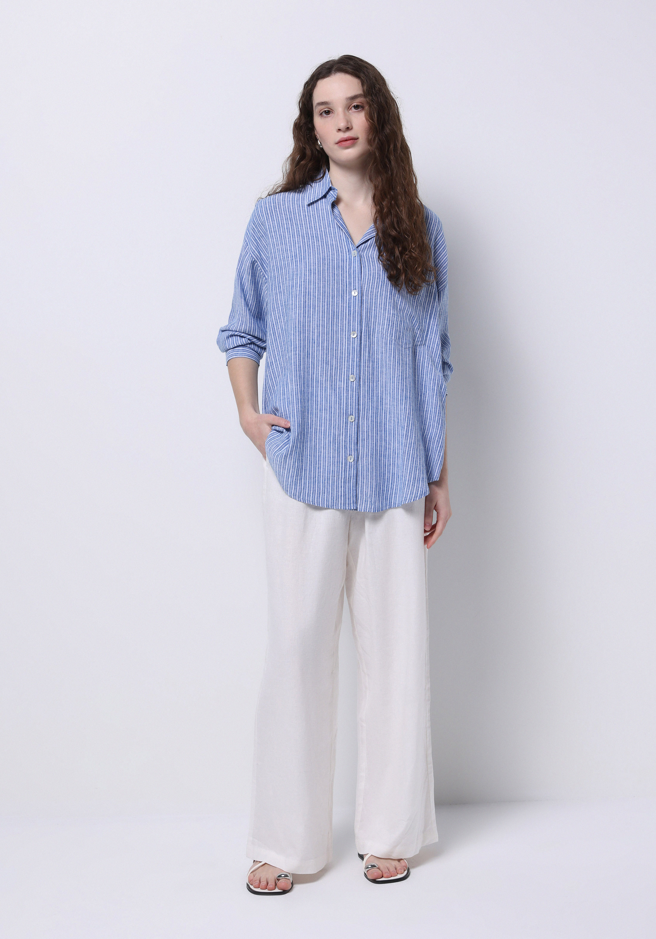Regular Fit Shirt Neck Çizgili Kadın Mavi Uzun Kol Gömlek