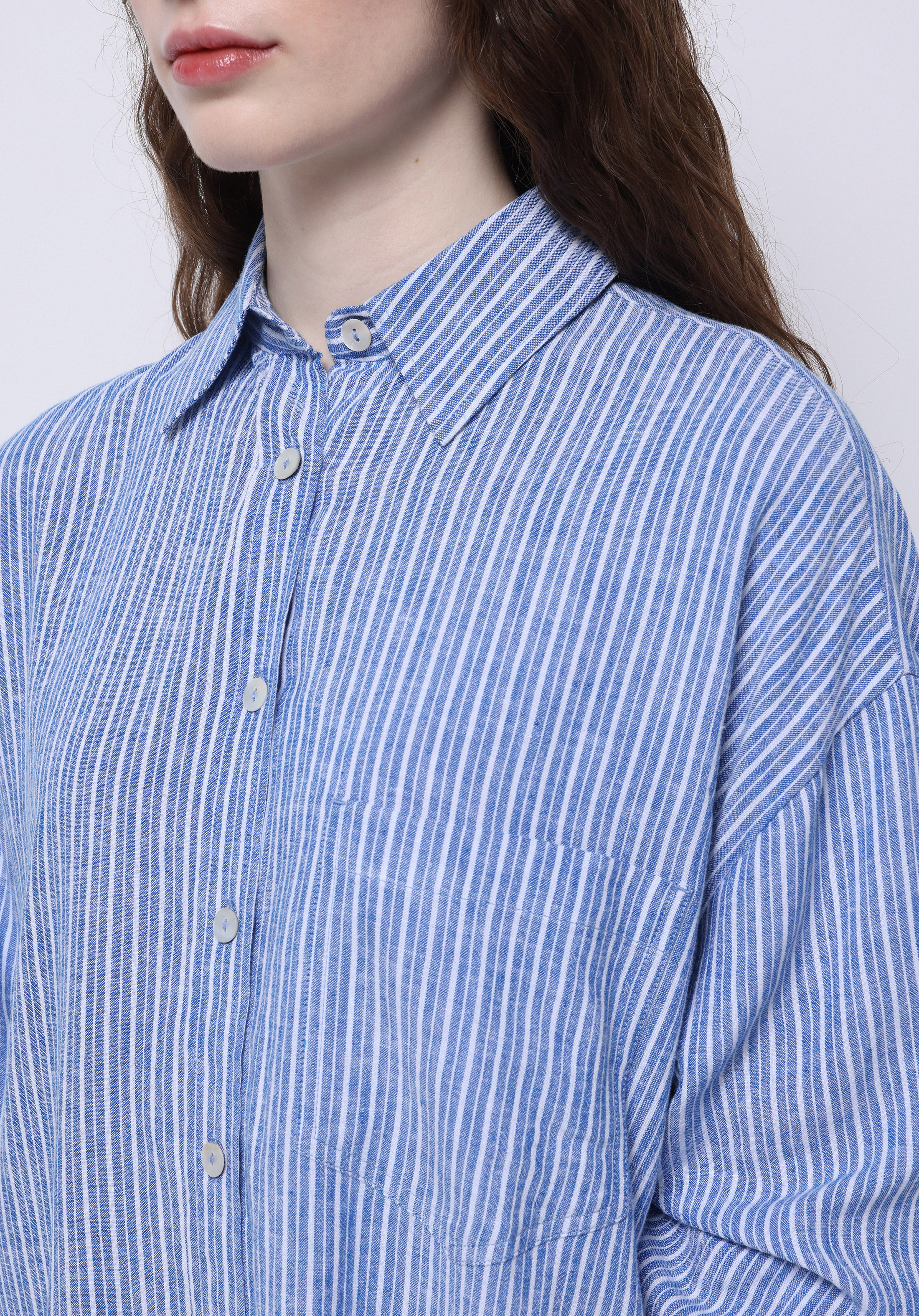 Regular Fit Shirt Neck Çizgili Kadın Mavi Uzun Kol Gömlek
