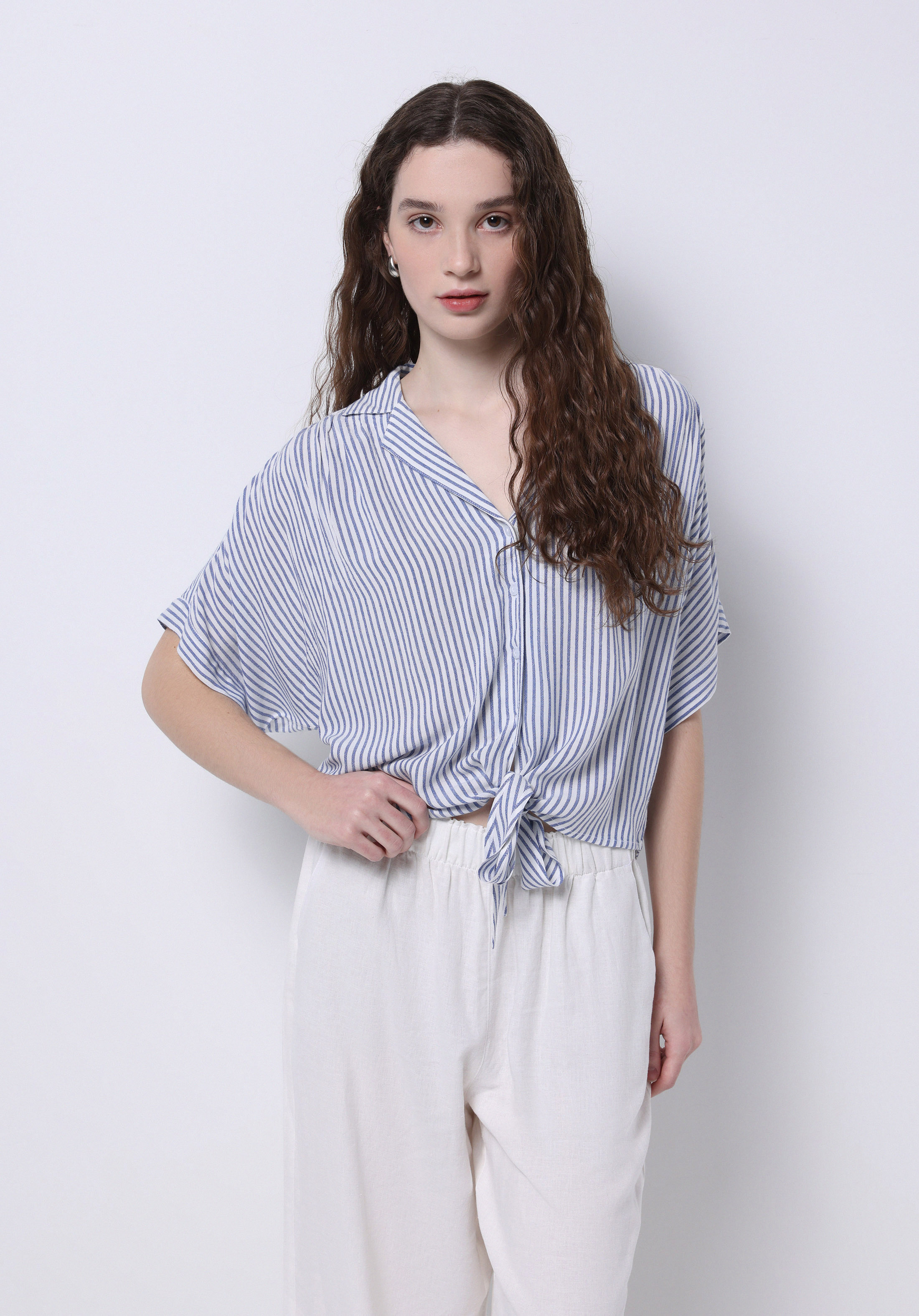 Regular Fit Shirt Neck Çizgili Kadın Mavi Kısa Kol Gömlek