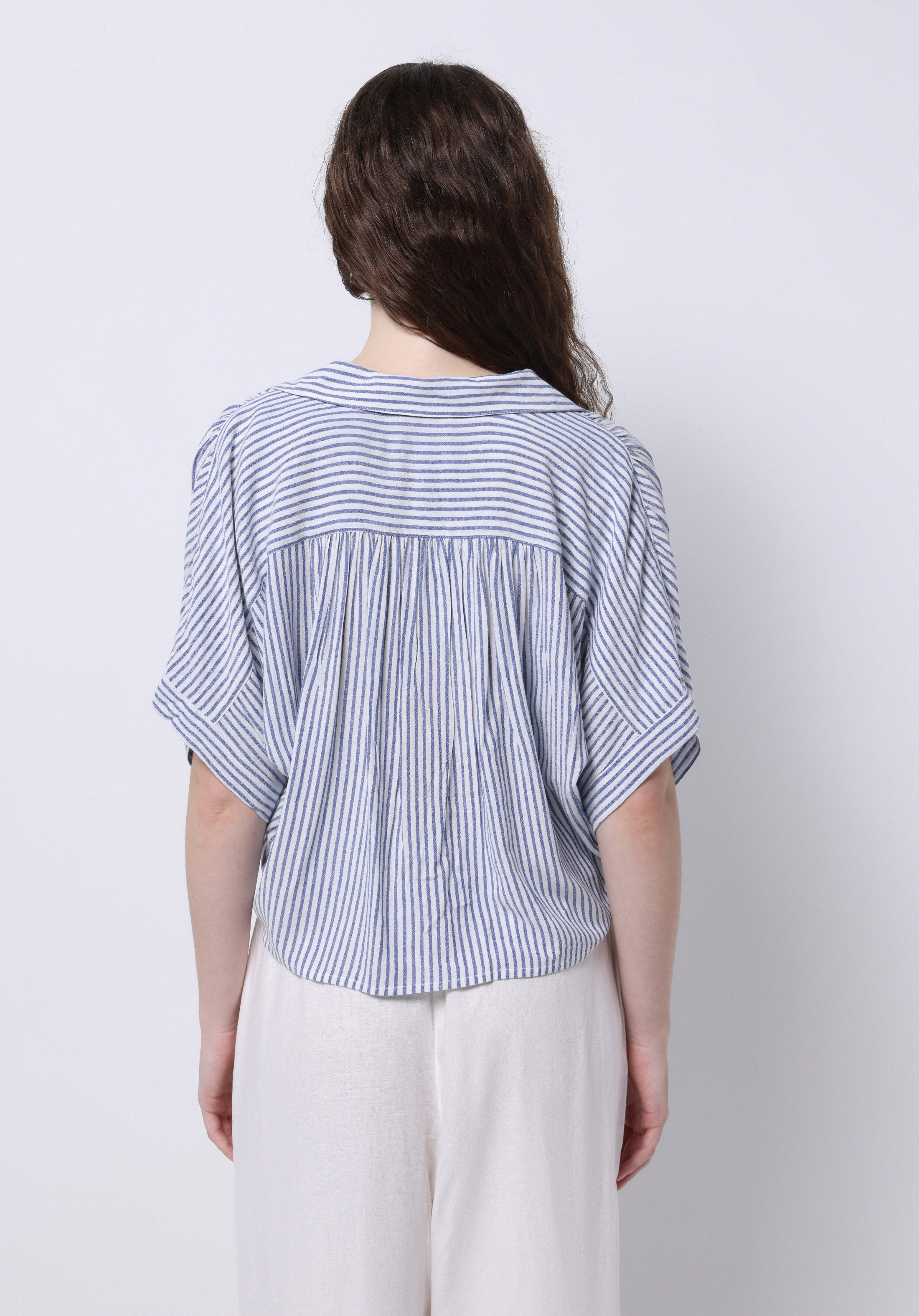 Regular Fit Shirt Neck Çizgili Kadın Mavi Kısa Kol Gömlek