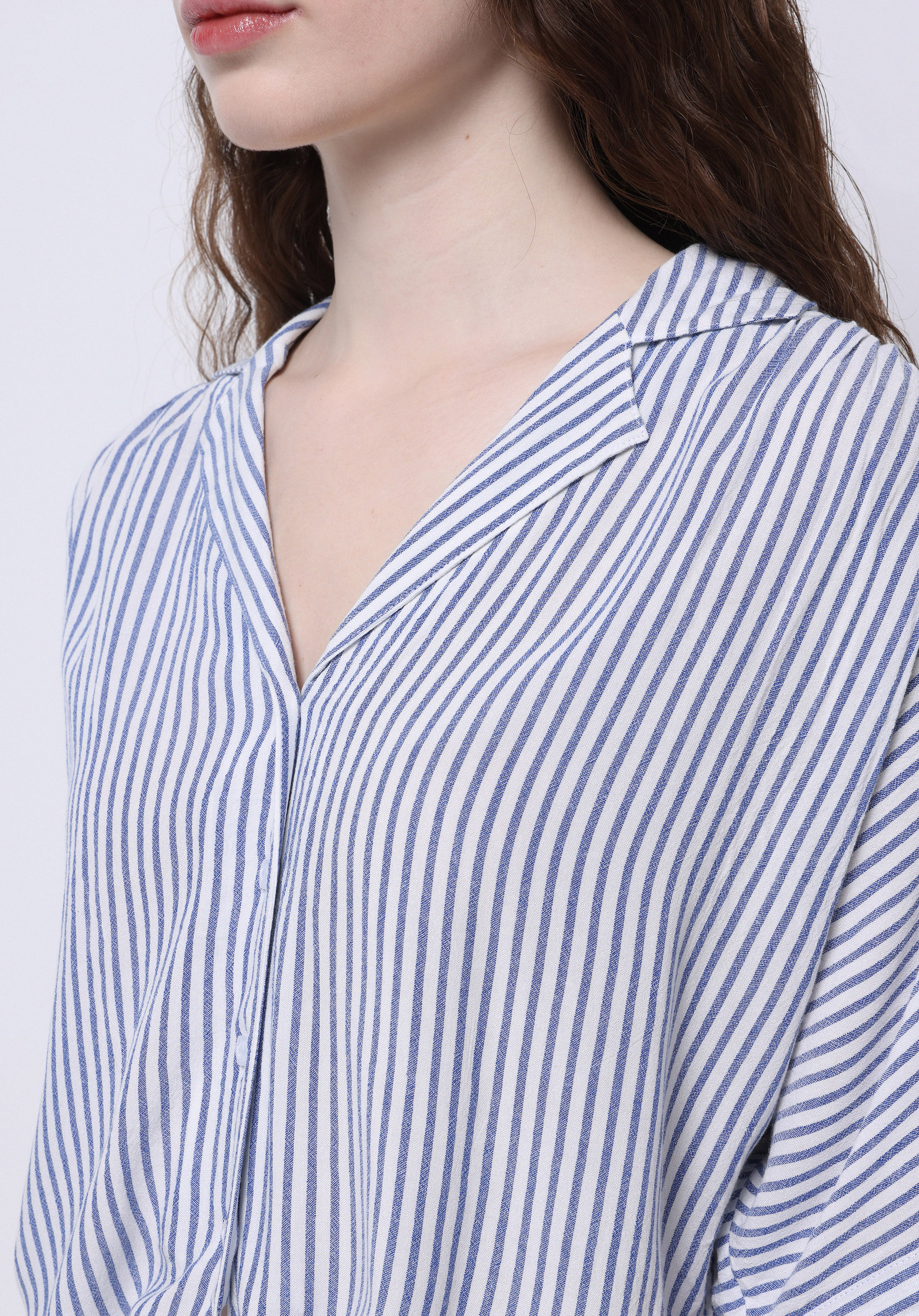 Regular Fit Shirt Neck Çizgili Kadın Mavi Kısa Kol Gömlek