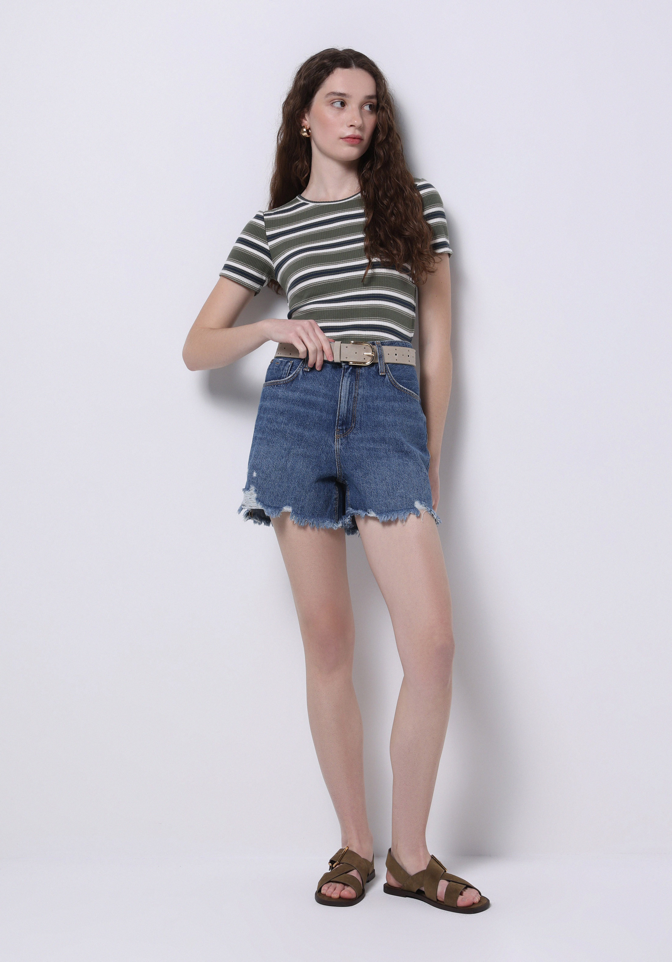 Slim Fit Yuvarlak Yaka Çizgili Kadın Yeşil Kısa Kol Tişört