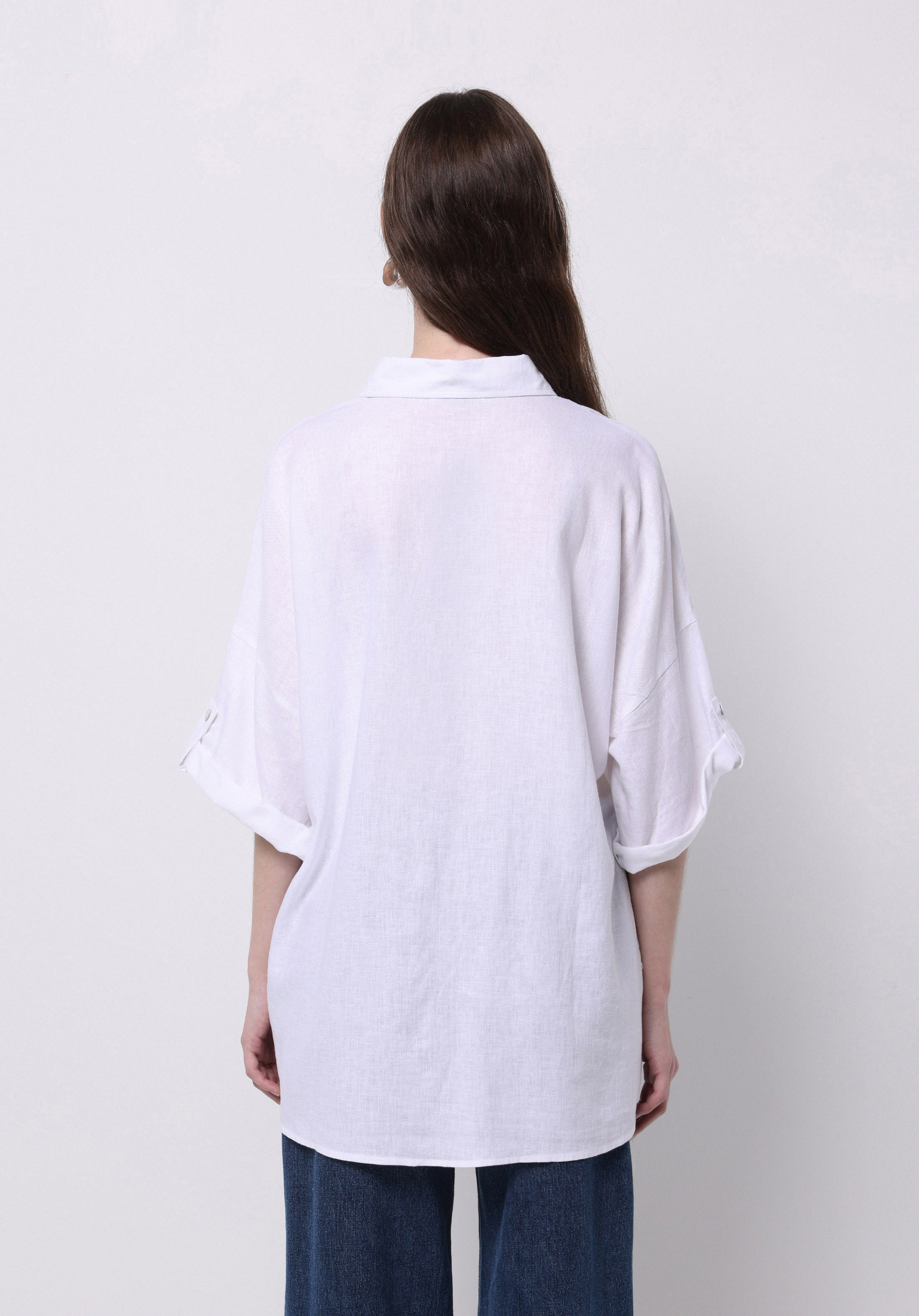 Relaxed Fit Shirt Neck Düz Kadın Beyaz Roll-up Gömlek
