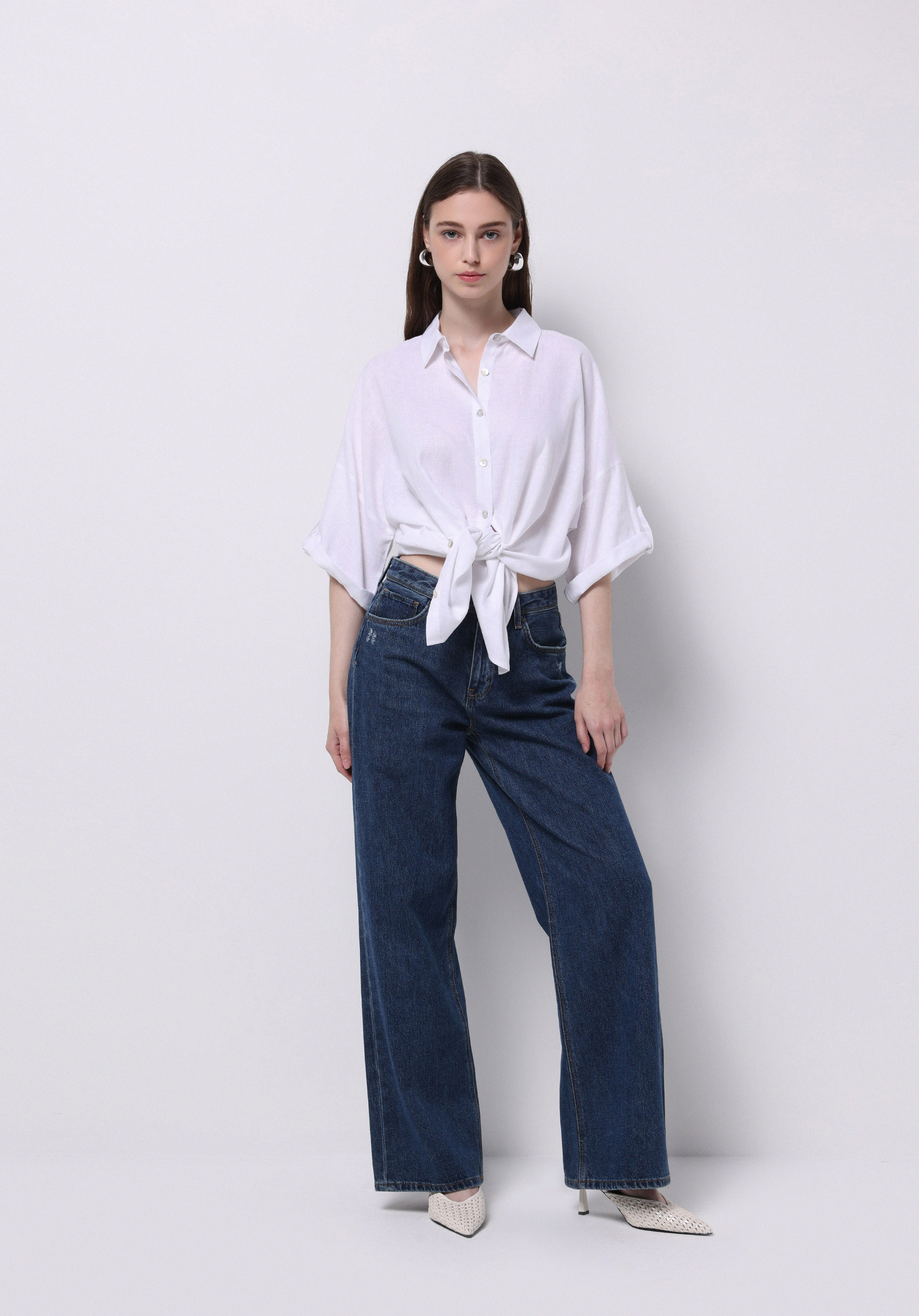 Relaxed Fit Shirt Neck Düz Kadın Beyaz Roll-up Gömlek
