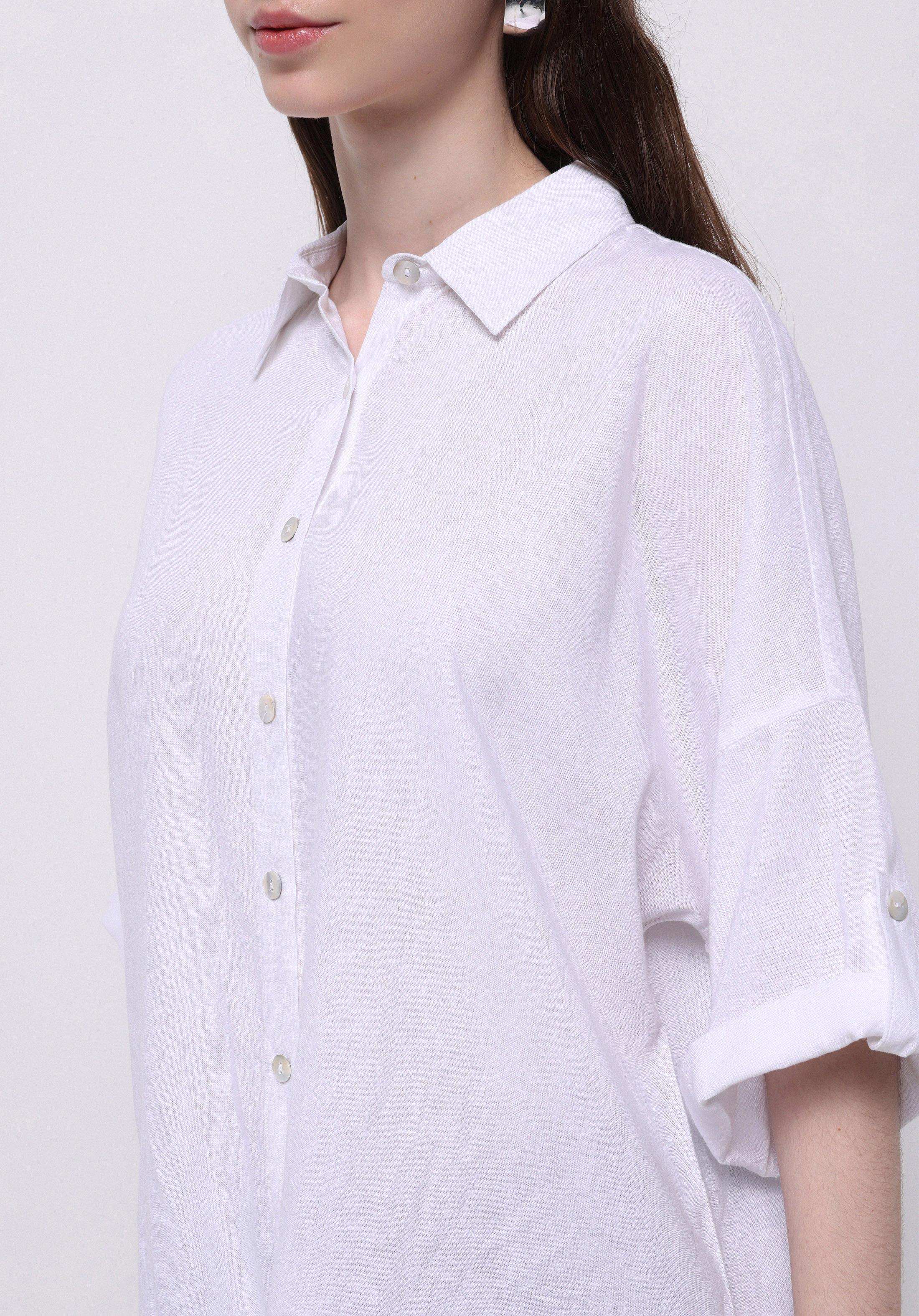 Relaxed Fit Shirt Neck Düz Kadın Beyaz Roll-up Gömlek