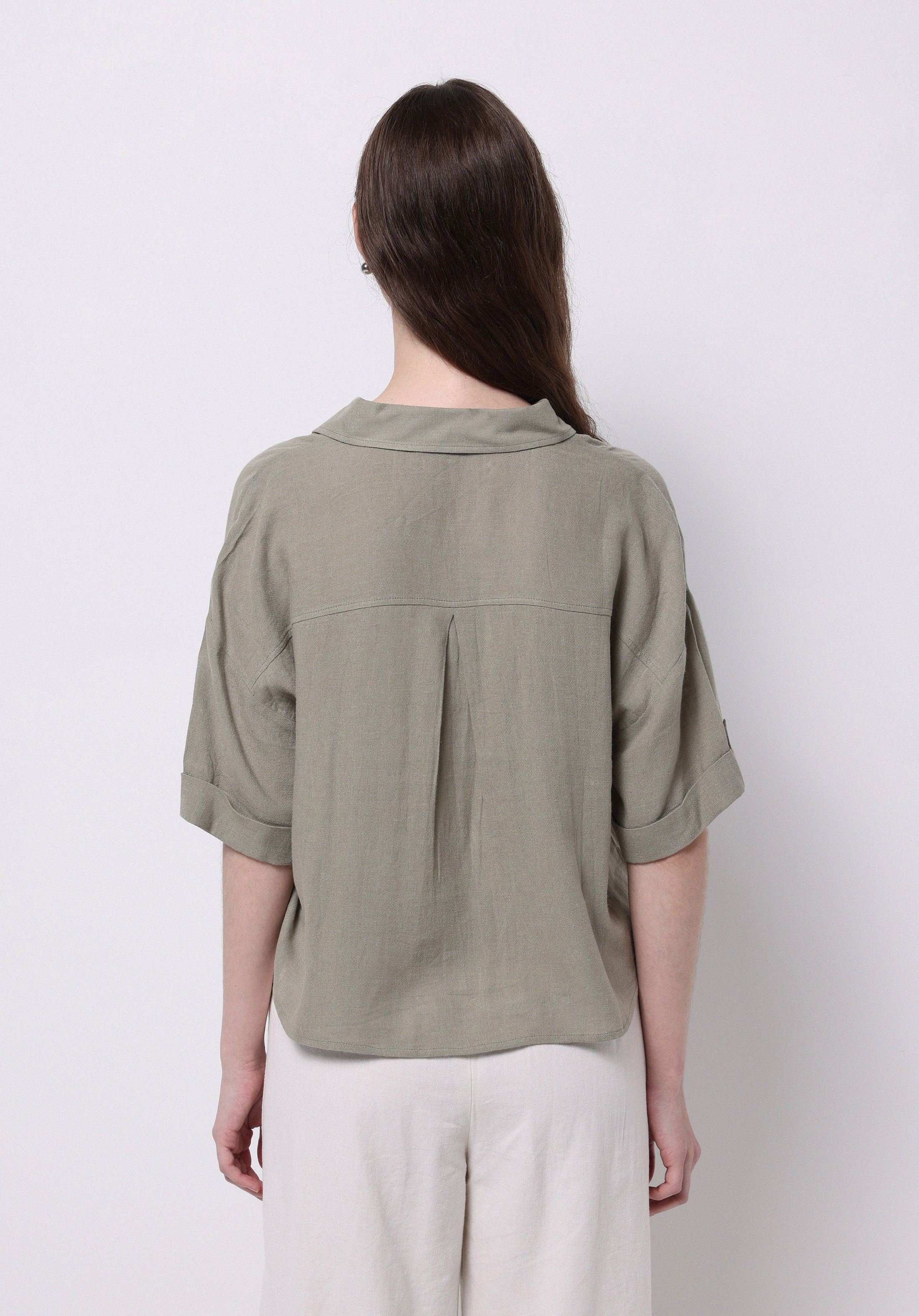 Regular Fit Shirt Neck Düz Kadın Yeşil Kısa Kol Gömlek