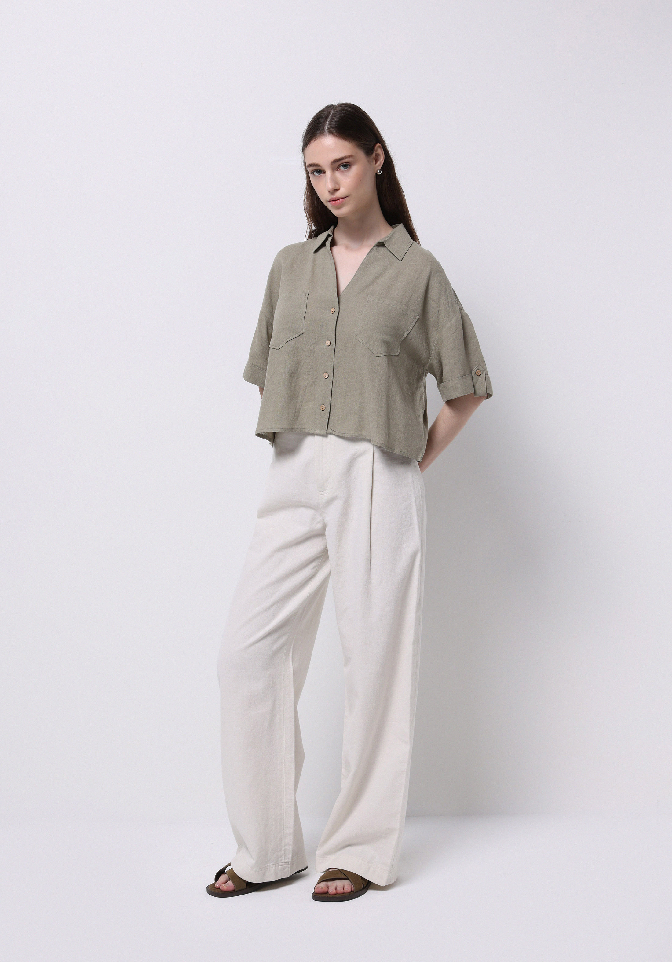 Regular Fit Shirt Neck Düz Kadın Yeşil Kısa Kol Gömlek