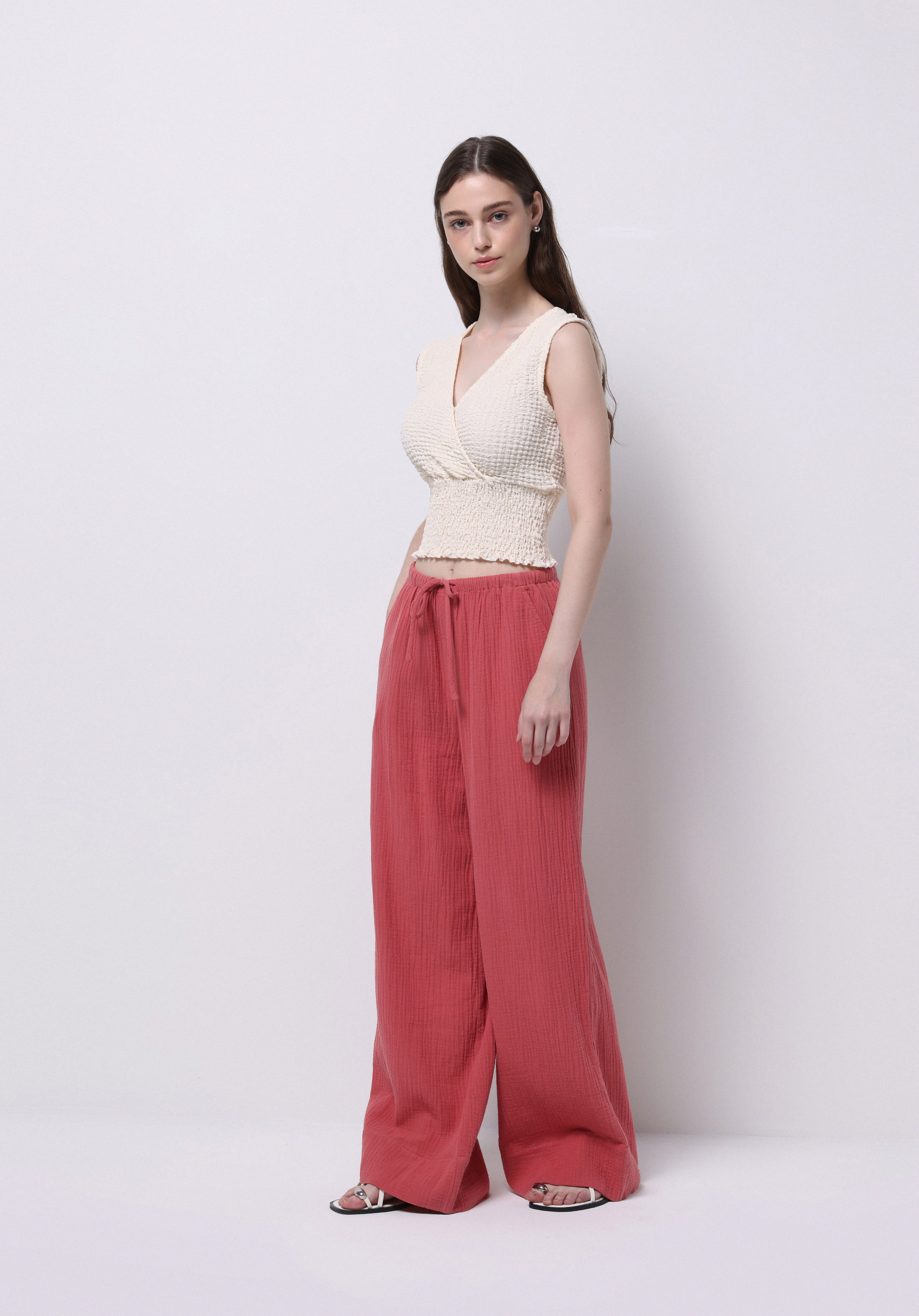 Regular Fit Yüksel Bel Geniş Paça Kadın Pembe  Pantolon