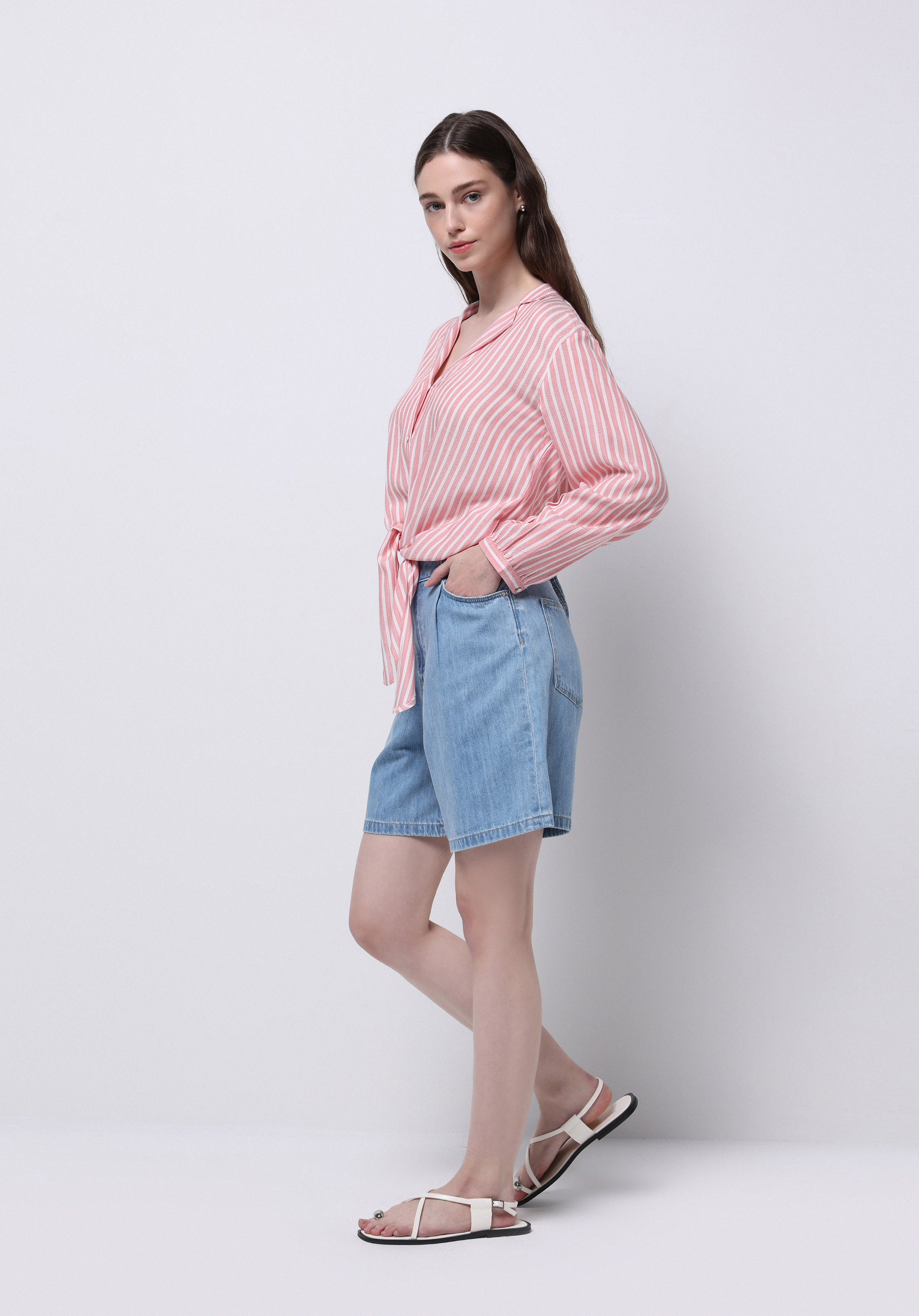 Regular Fit Shirt Neck Çizgili Kadın Kirmizi Uzun Kol Gömlek