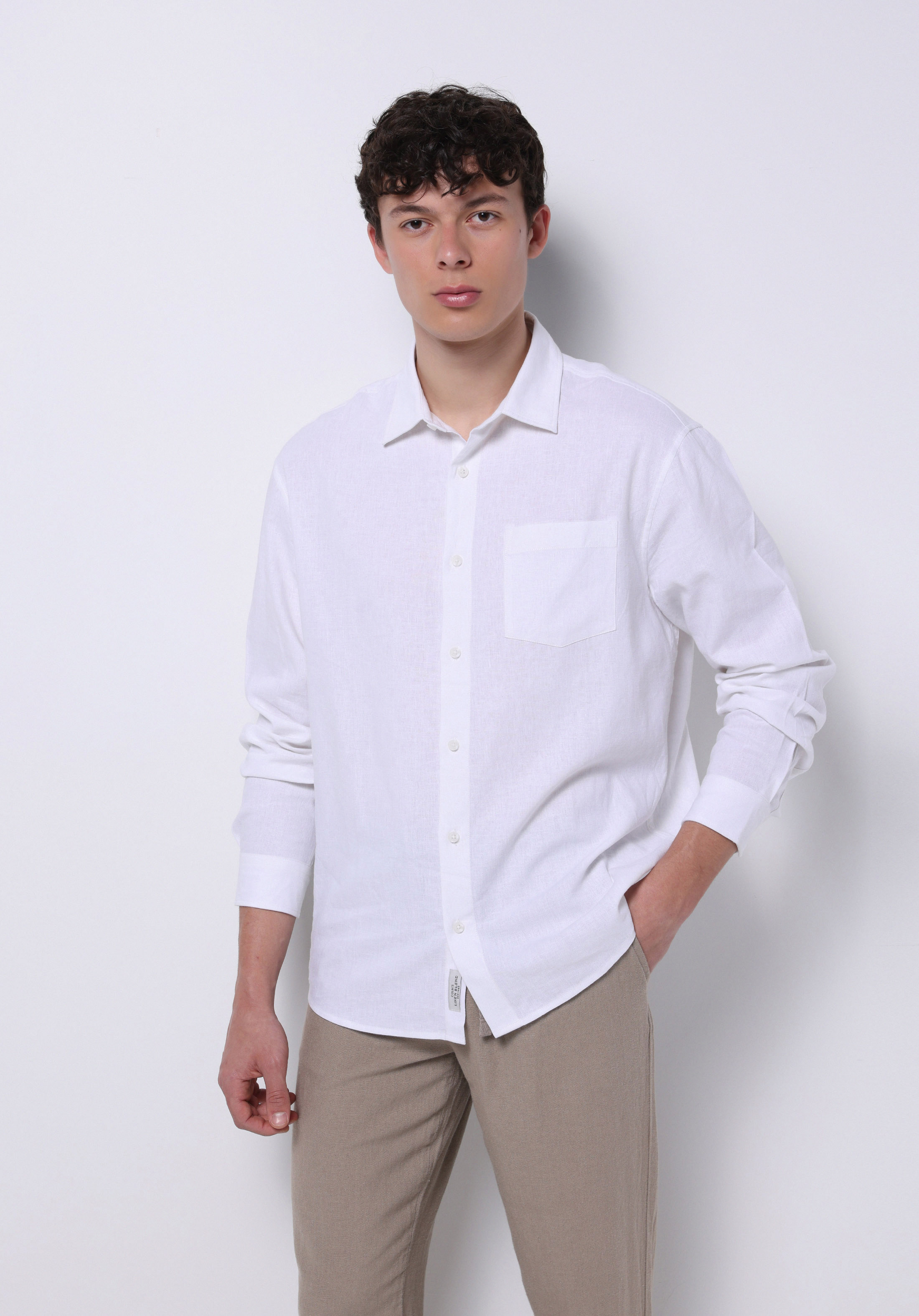 Relaxed Fit Shirt Neck Düz Erkek Keten Karışımlı Beyaz Uzun Kol Gömlek